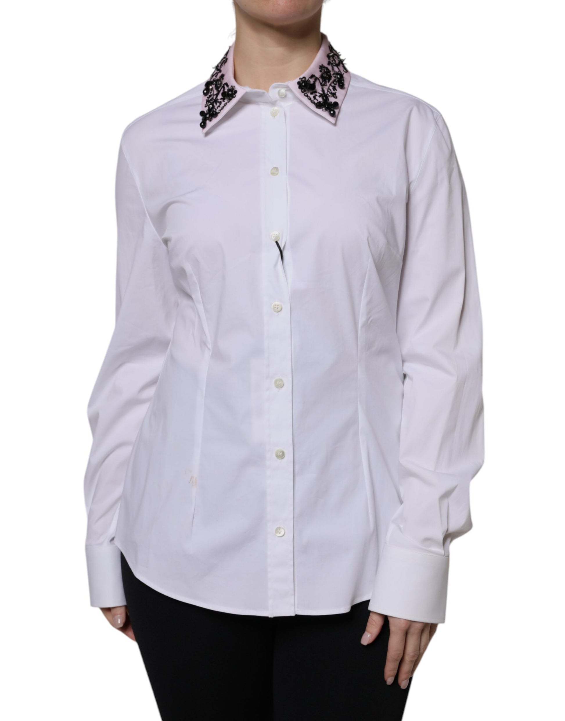 White Embellished Collared Dress Shirt Top