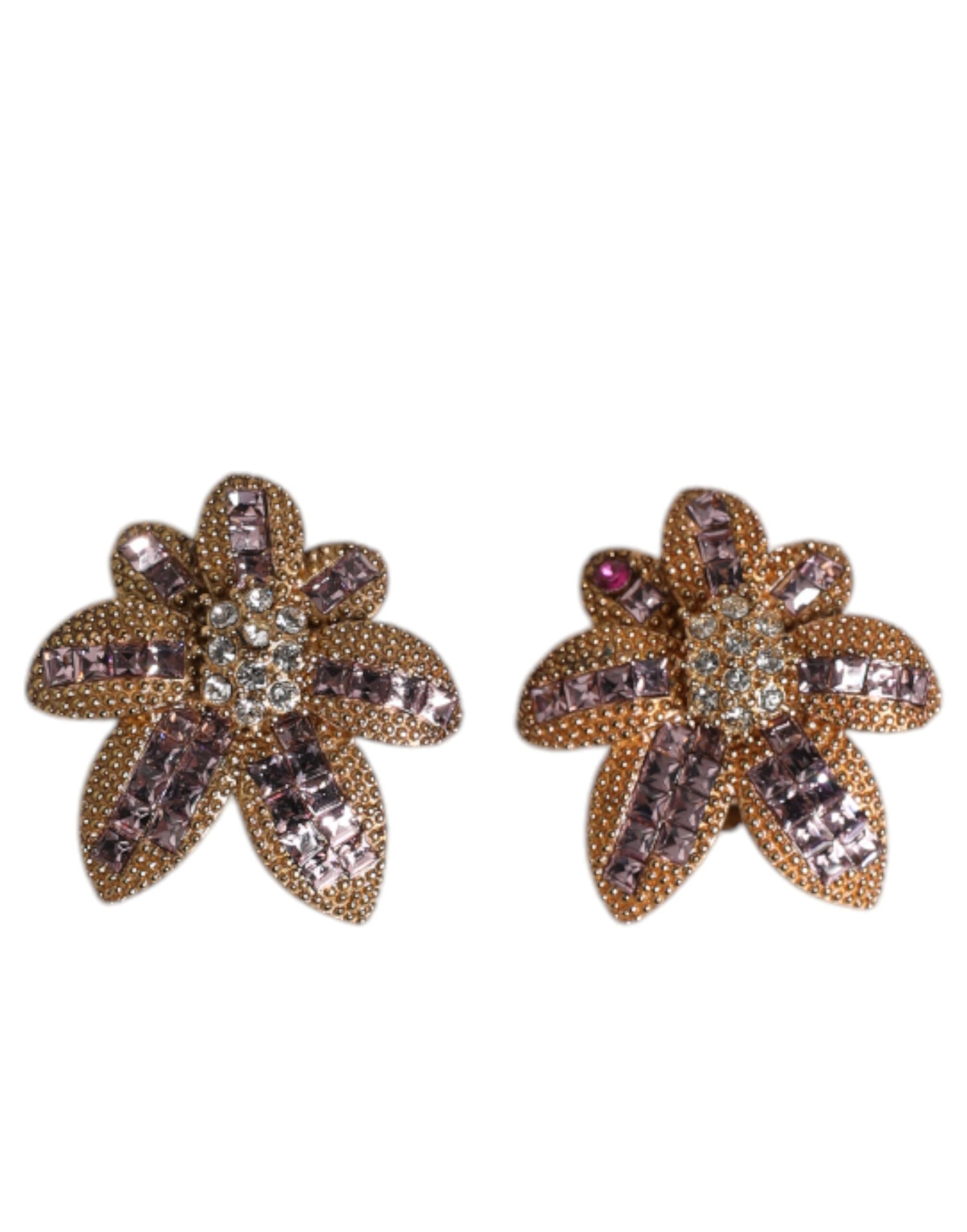 Gold Brass Purple Flower-Shaped Crystals Clip On Earrings