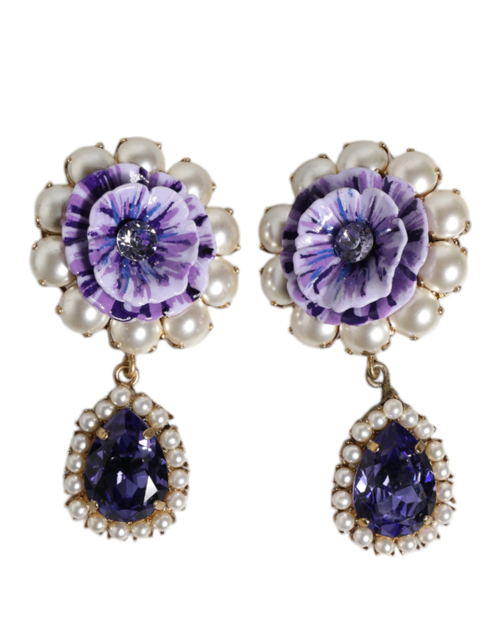 Purple Flower Pearl Teardrop Crystals Clip On Earrings