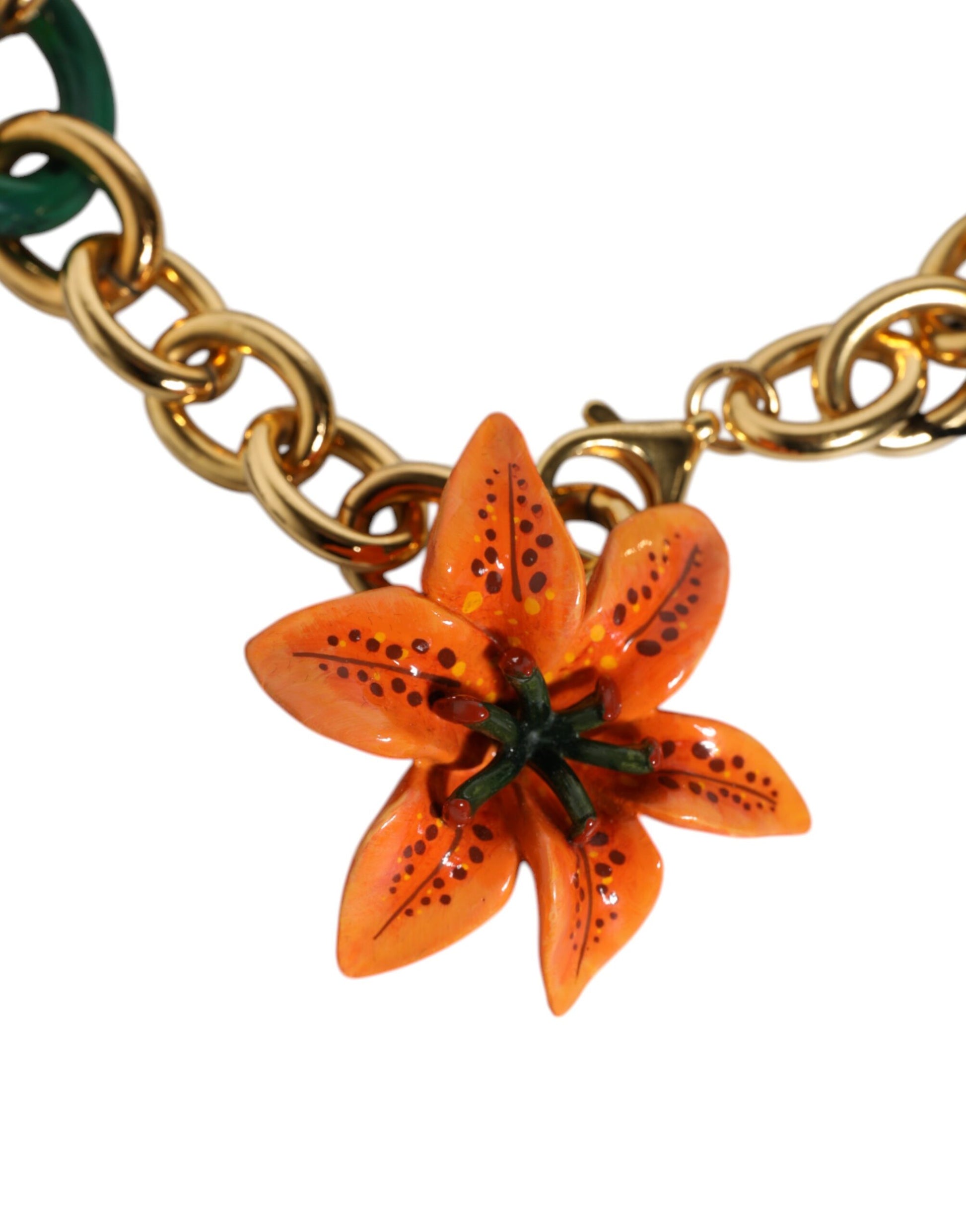 Multicolor Gold Brass Orange Lily Floral Chain Necklace