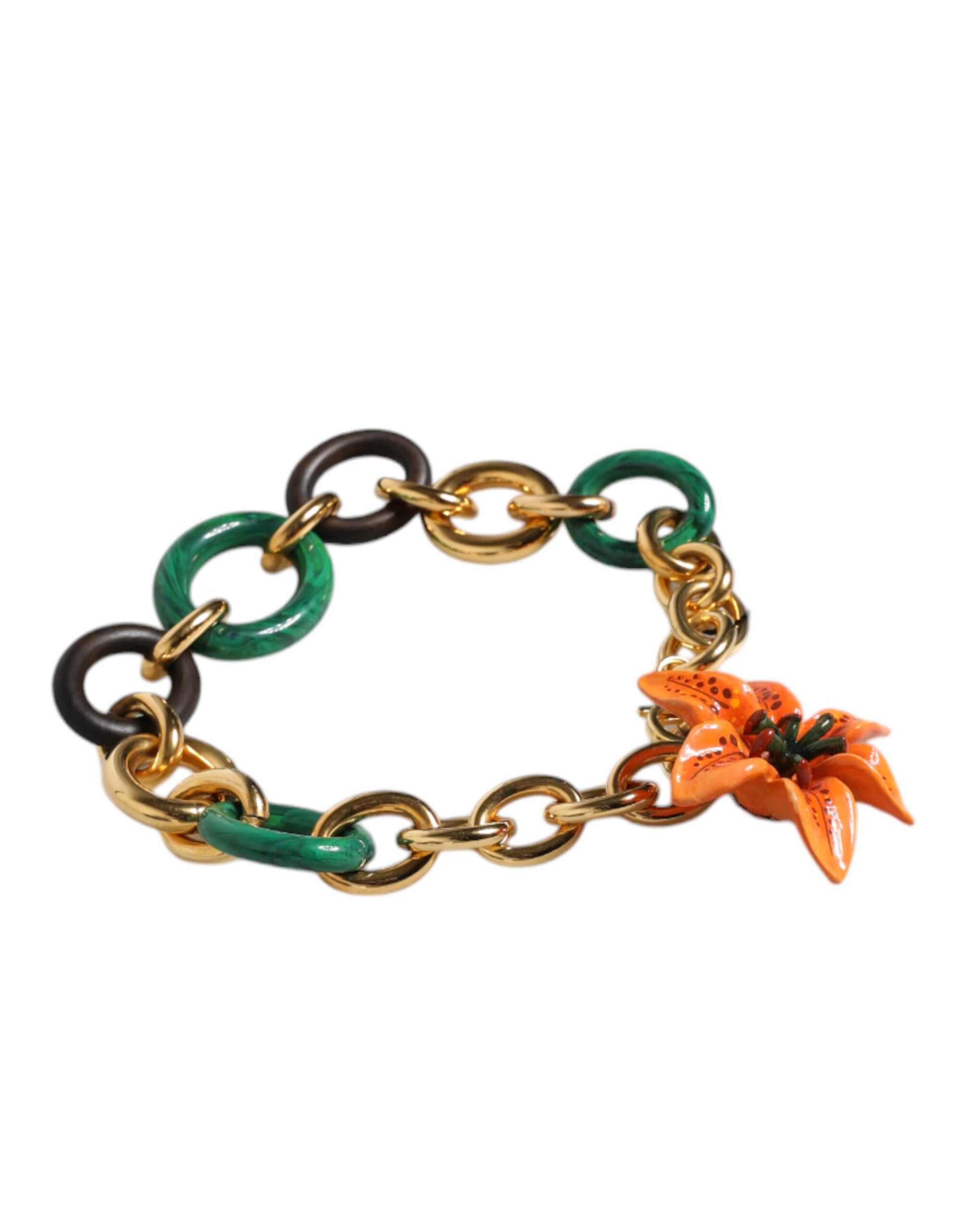Multicolor Gold Brass Orange Lily Floral Chain Necklace