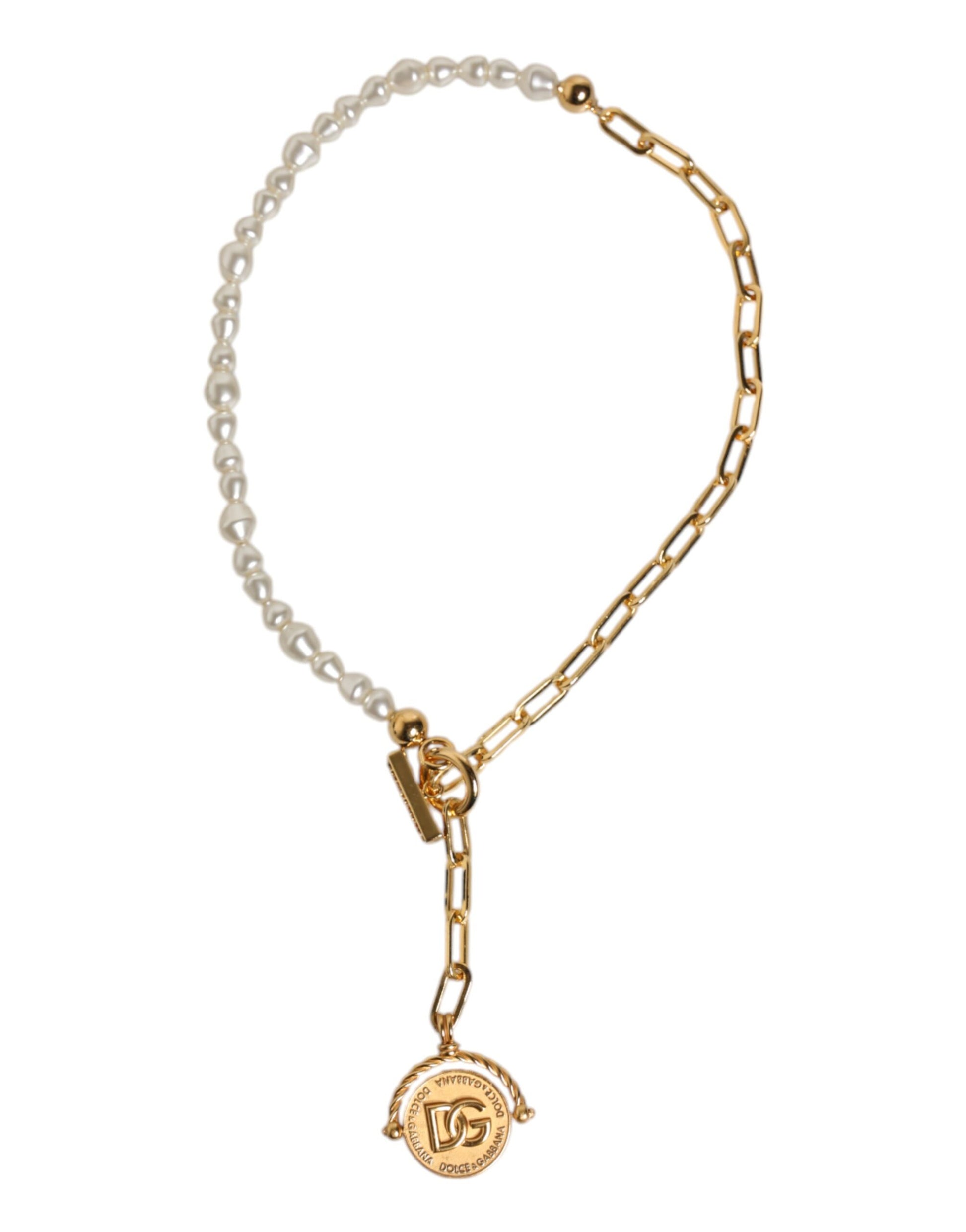 Gold Chain Brass Faux Pearl Charm Logo Pendant Necklace