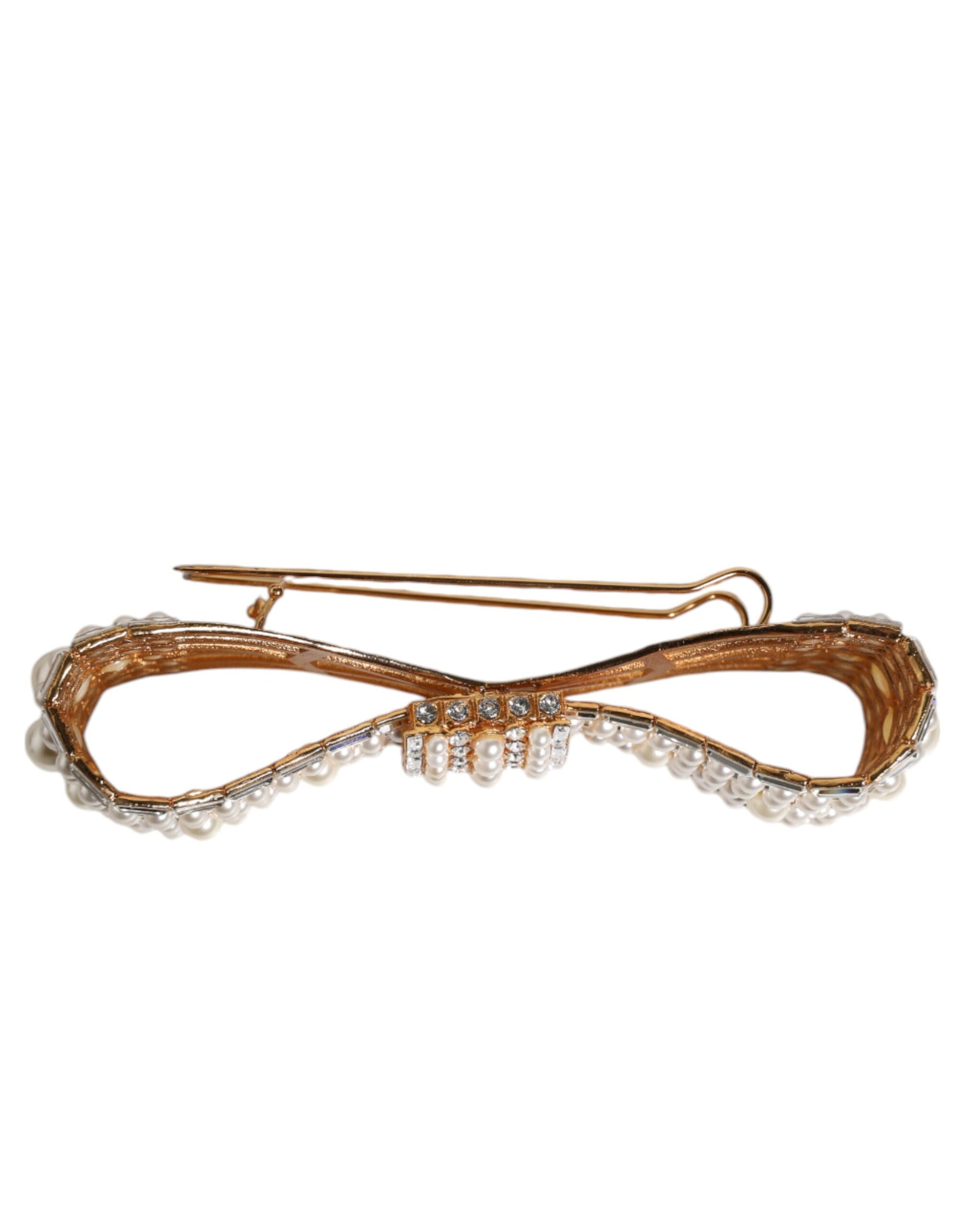 Gold Tone Brass Bow Crystal FauxPearl Embellished Brooch