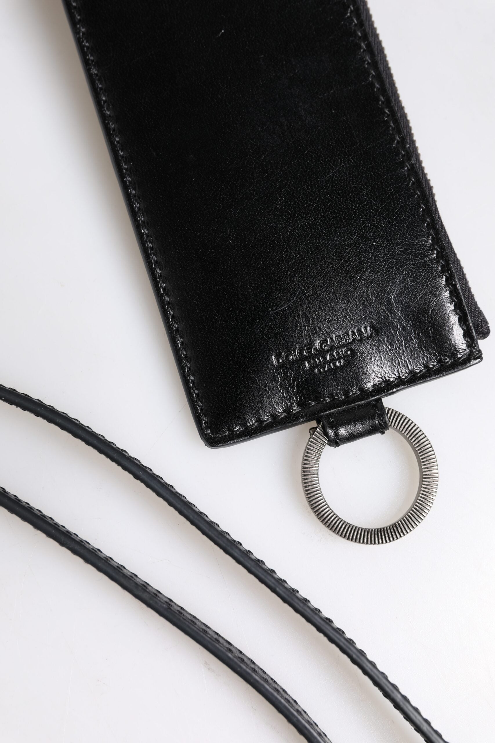 Black Leather Logo Embossed Lanyard Card Holder Wallet