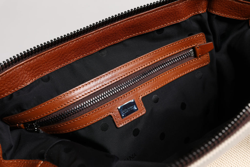 Beige Brown Cotton Leather Duffle Shoulder Bag