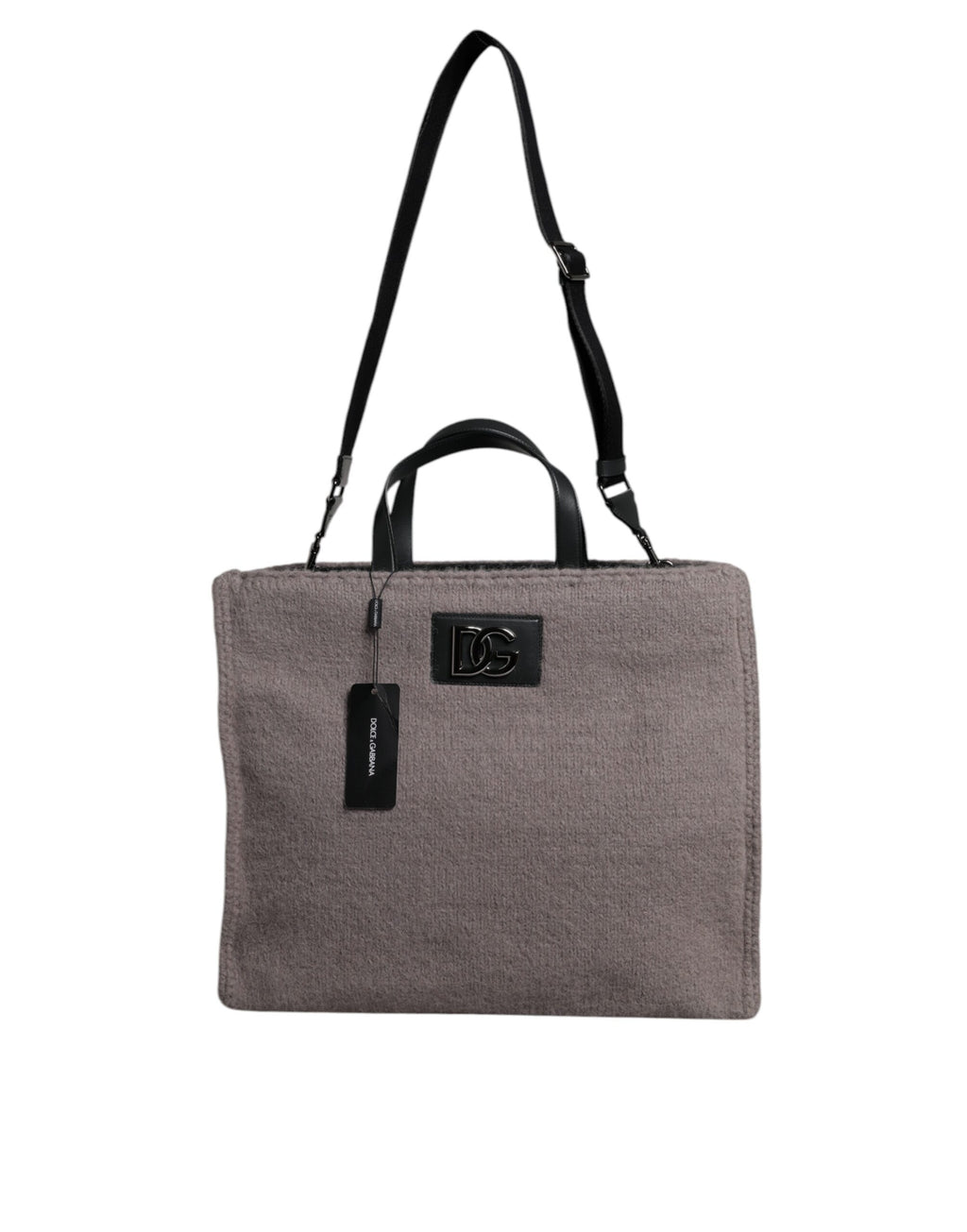 Grey Alpaca Wool Logo Plaque Tote Shoulder Bag