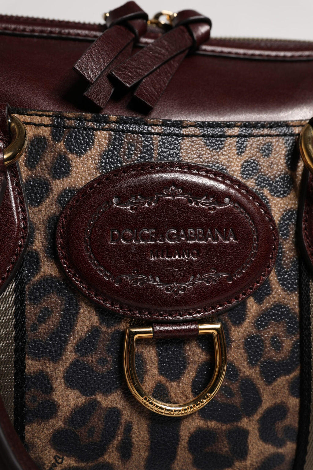 Brown Leopard Leather Shoulder Strap Duffle Bag