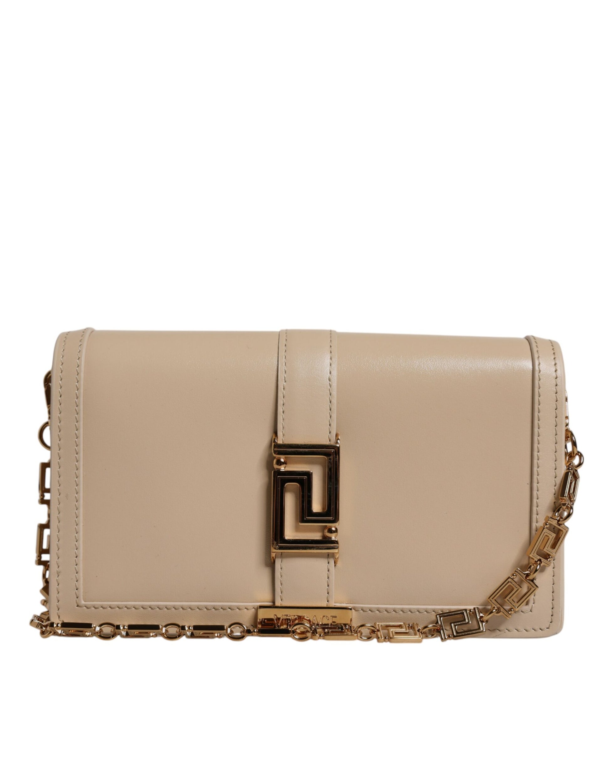 Beige Gold Chain Calf Leather Wallet Crossbody Bag