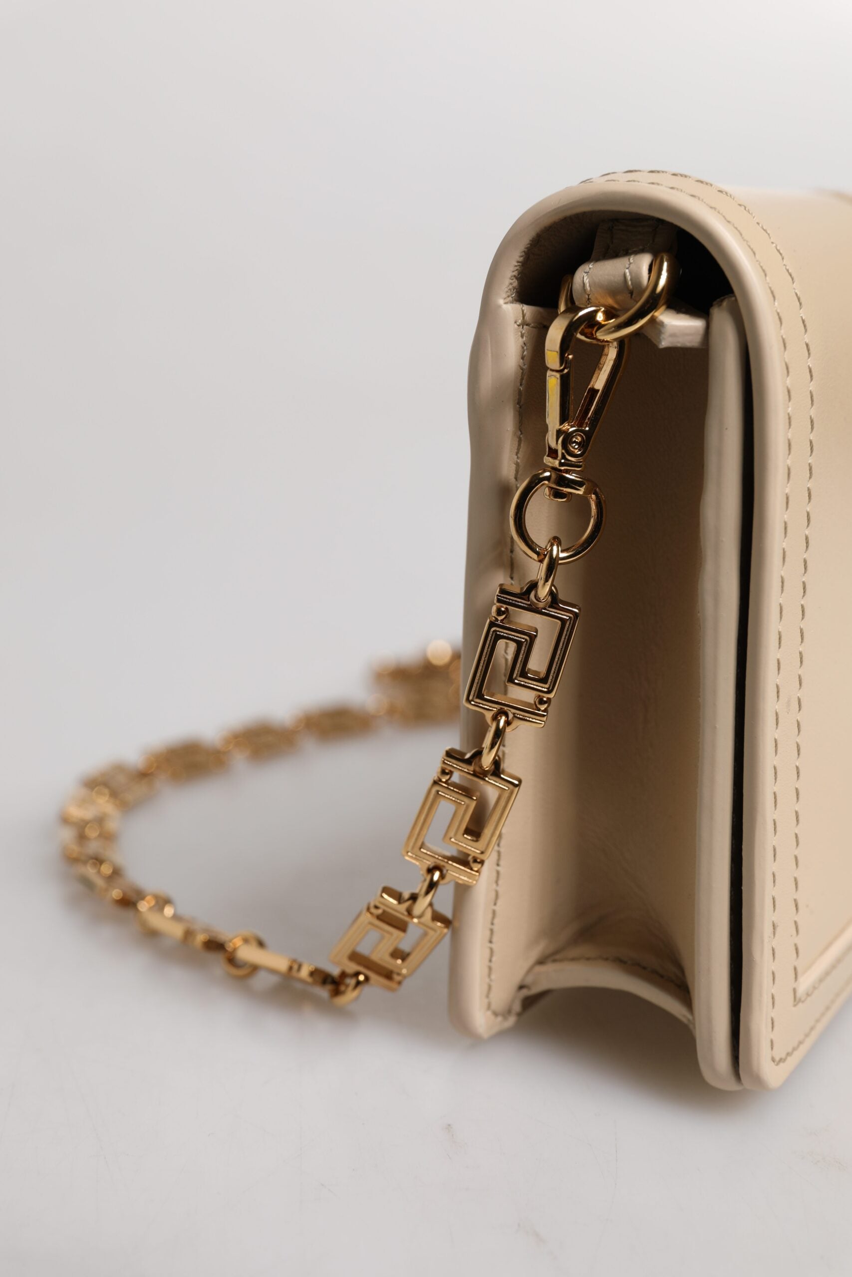 Beige Gold Chain Calf Leather Wallet Crossbody Bag