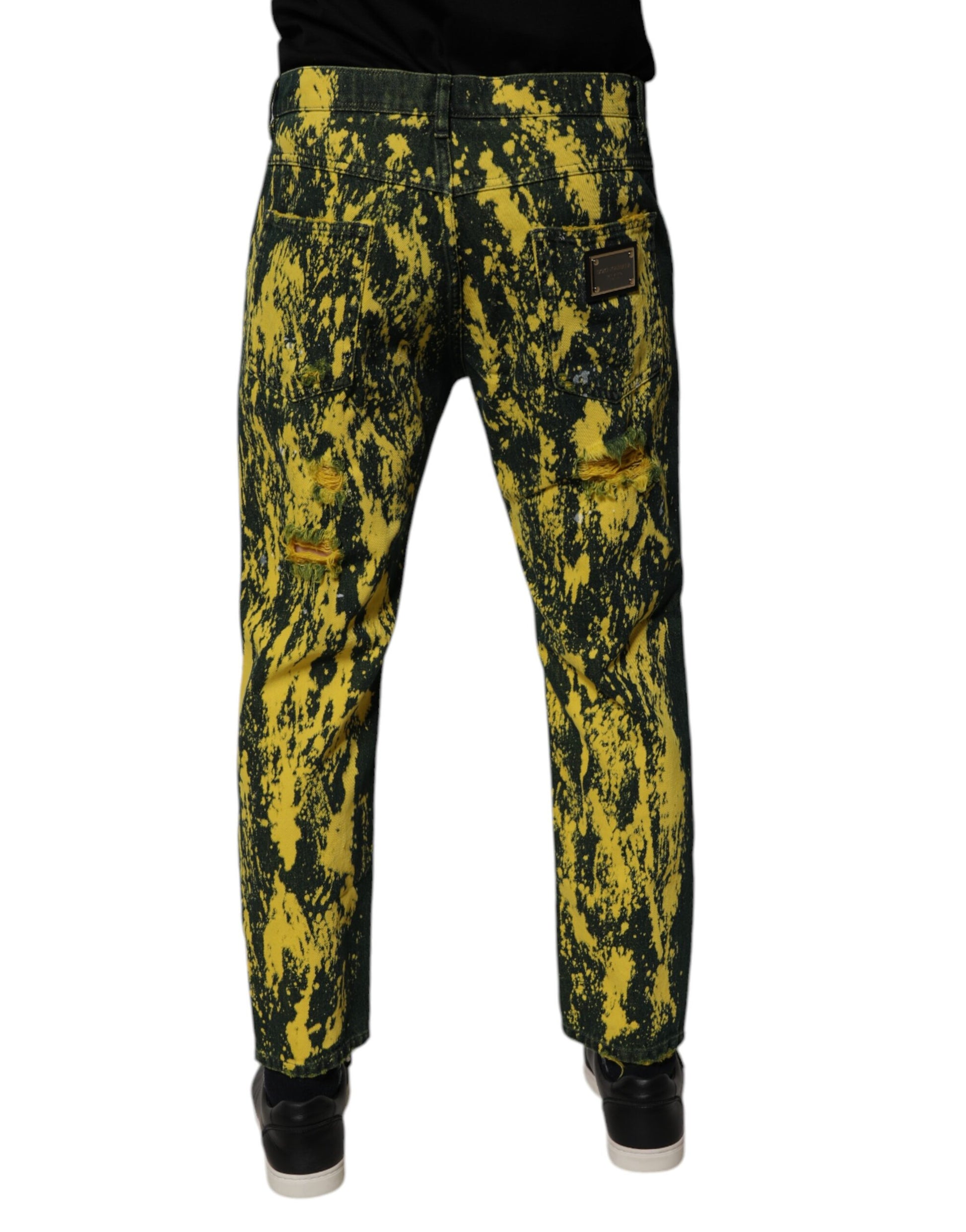 Black Yellow Tie Dye Tattered Skinny Men Denim Jeans