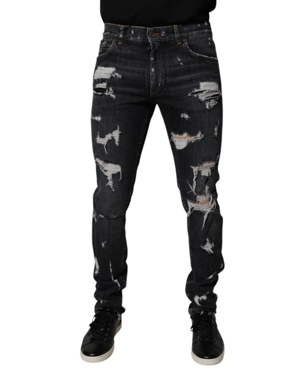 Black Tattered Cotton Skinny Men Denim Jeans