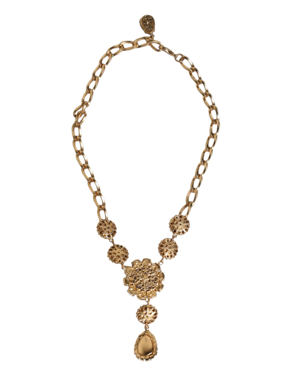Gold Brass Floral Crystals Pearl Embellished Necklace