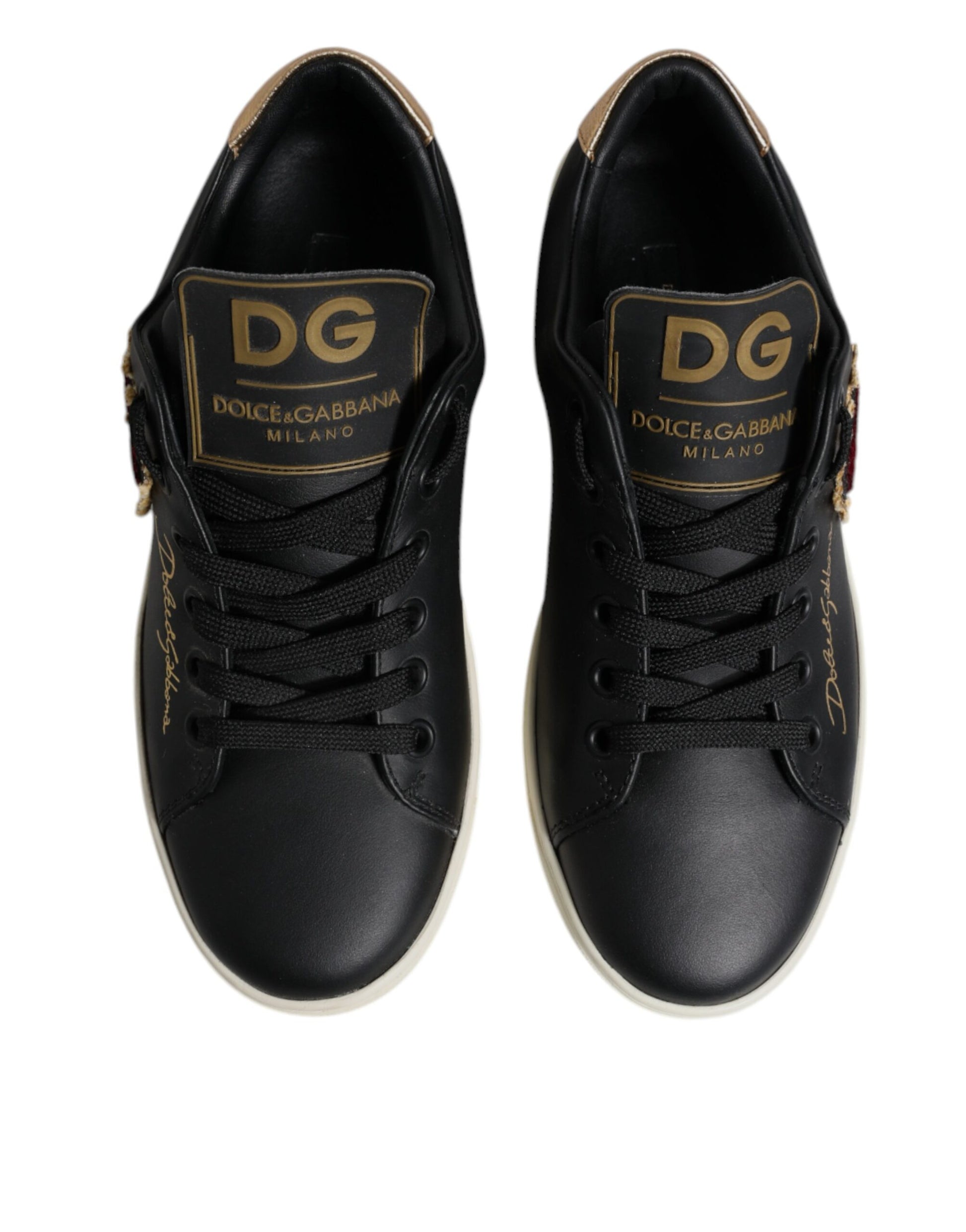 Black Leather Gold Red Heart Sneakers Shoes