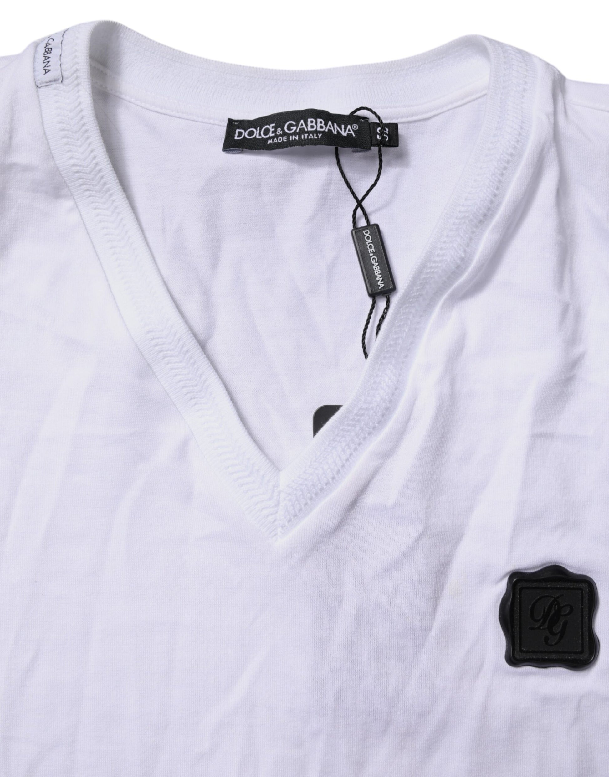 White Cotton Logo Patch V-neck Tee T-shirt