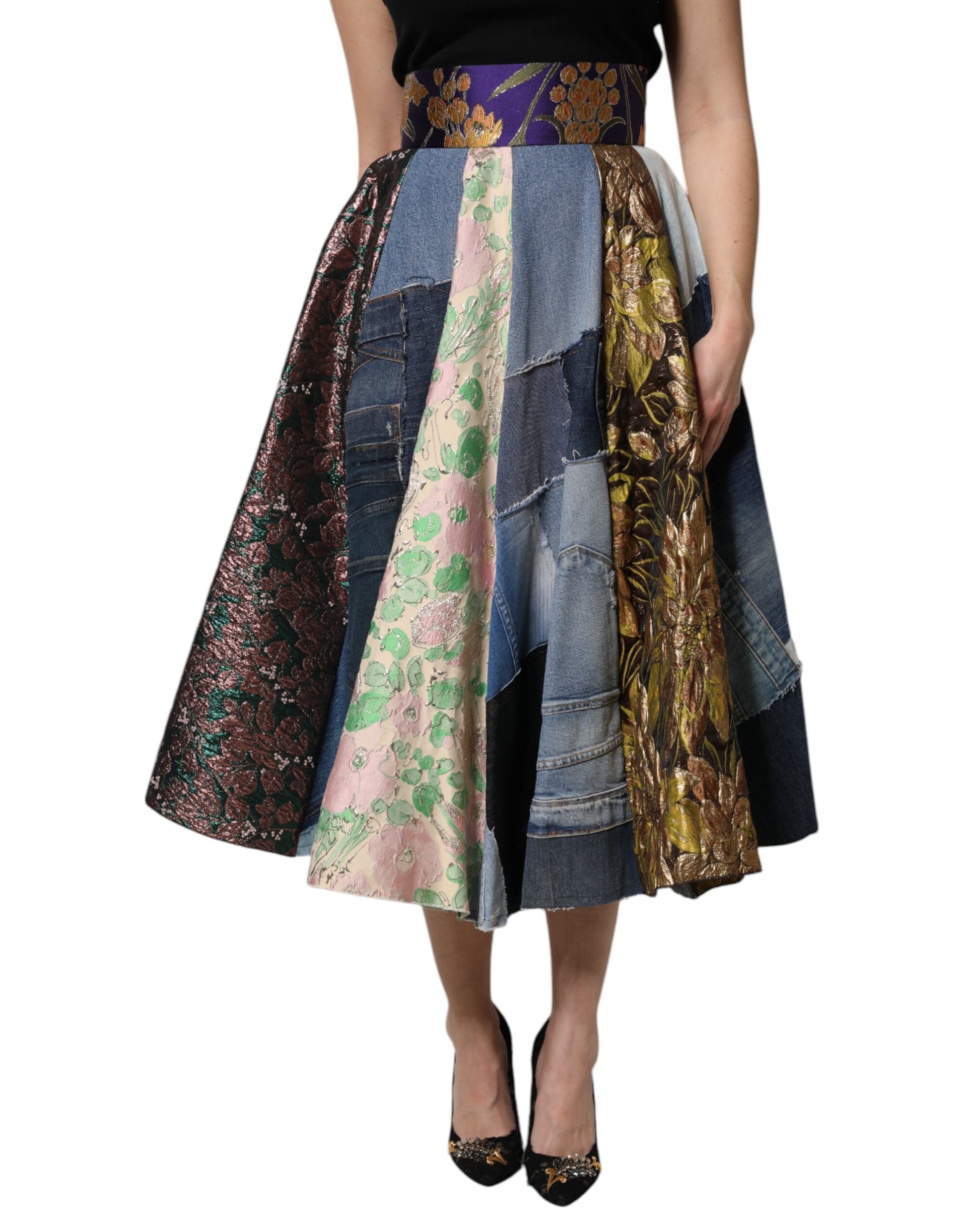 Multicolor Patchwork High Waisted Midi Skirt