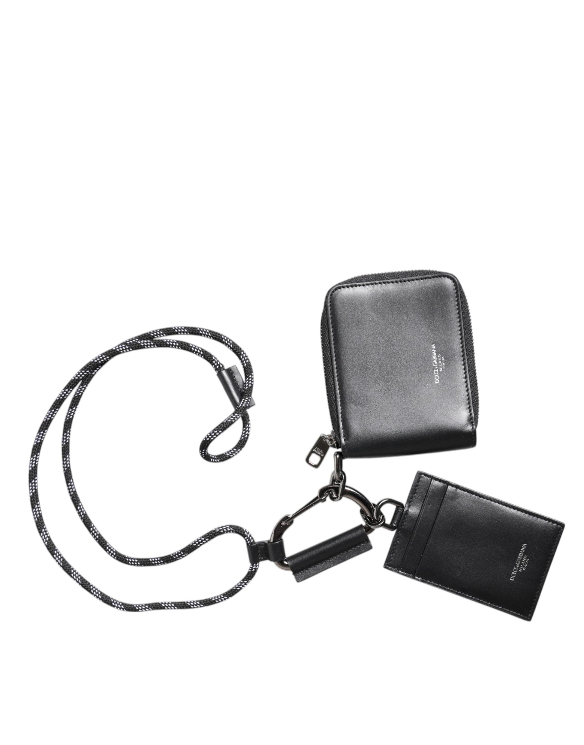 Black Leather Lanyard Zip Around Card Holder Wallet