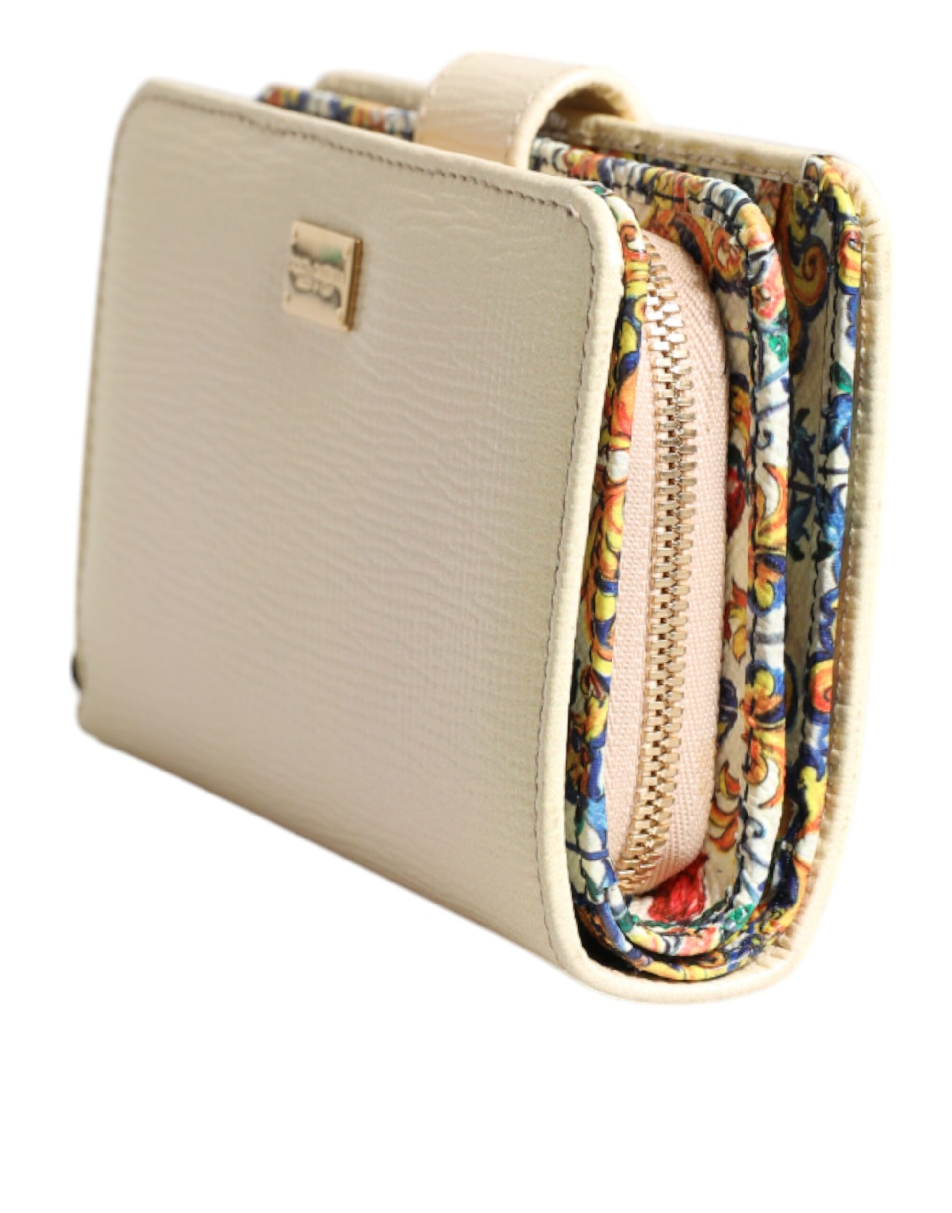 Ivory Calf Leather Compact Logo Plaque Card Holder Wallet