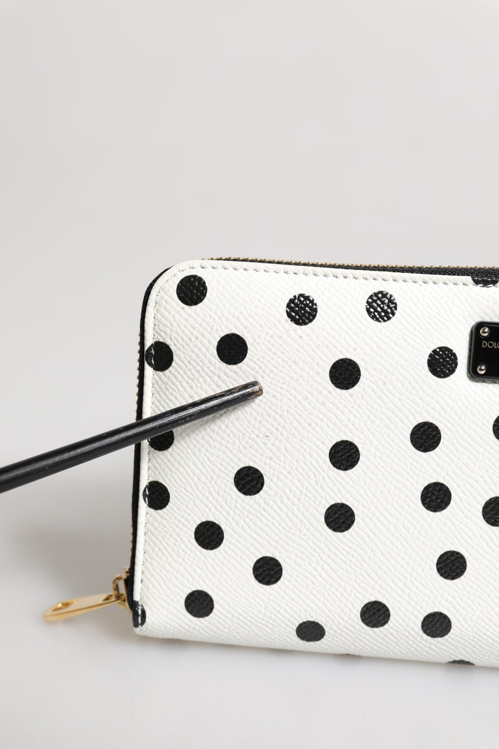 White Black Striped Leather Zip Around Continental Wallet