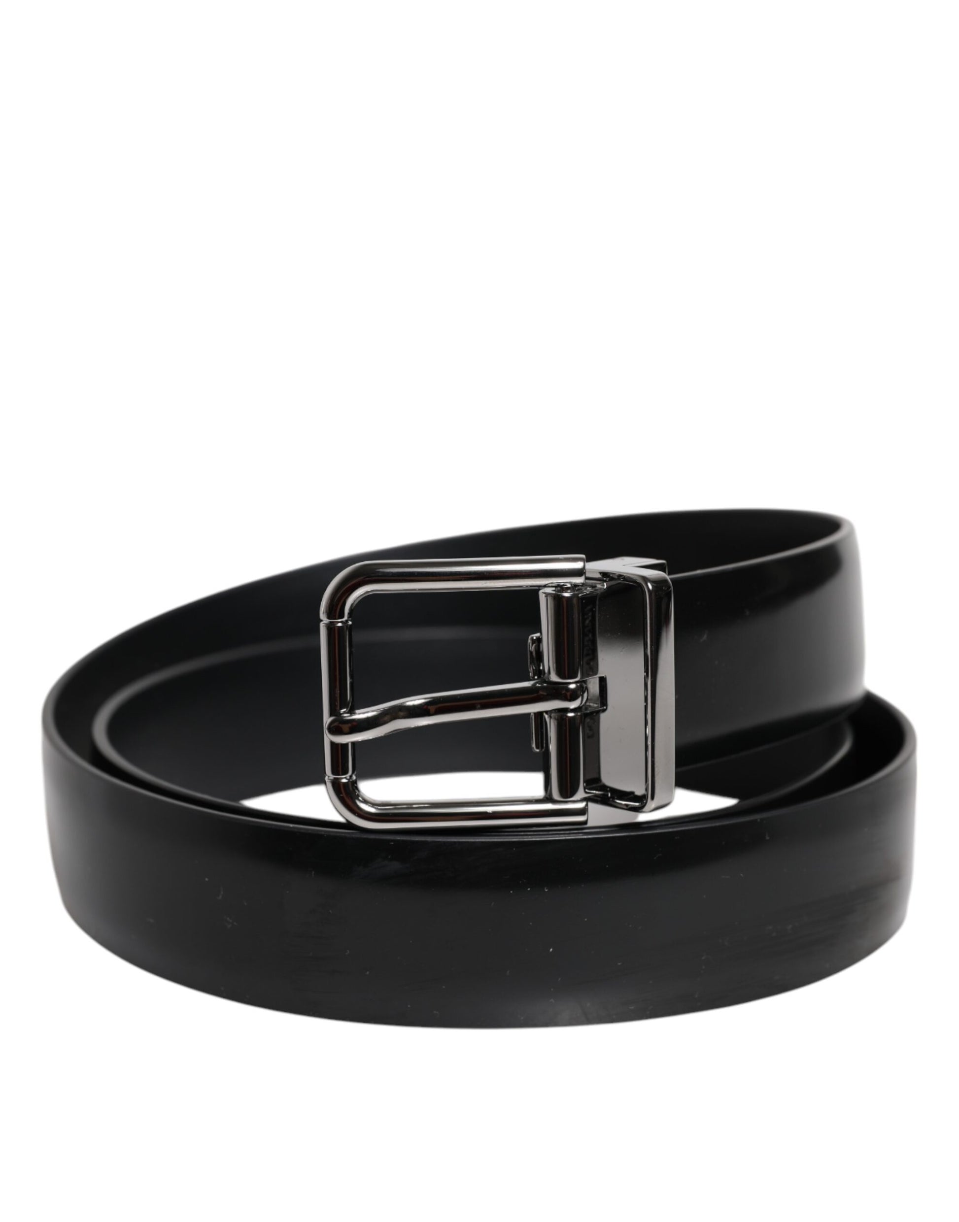 Black Shiny Leather Silver Metal Buckle Belt