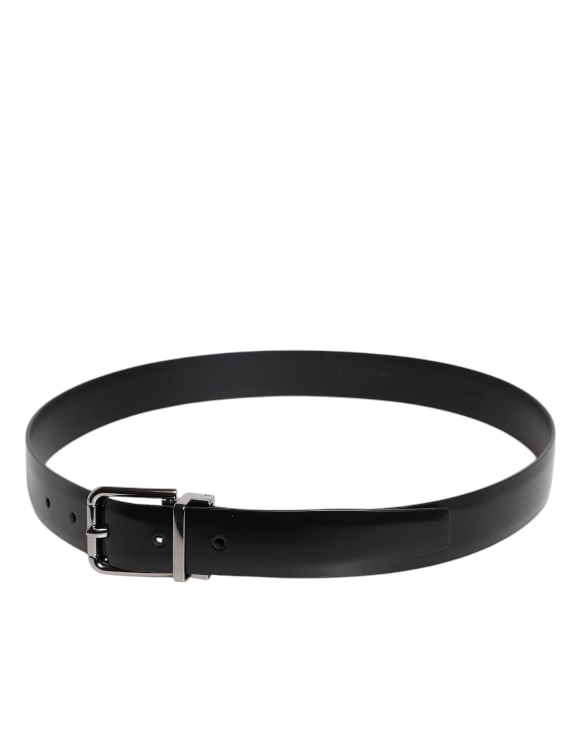 Black Shiny Leather Silver Metal Buckle Belt