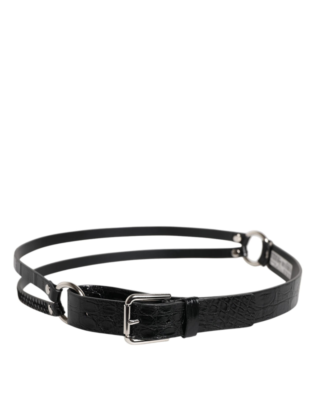 Black Exotic Leather Metal Logo Buckle Belt