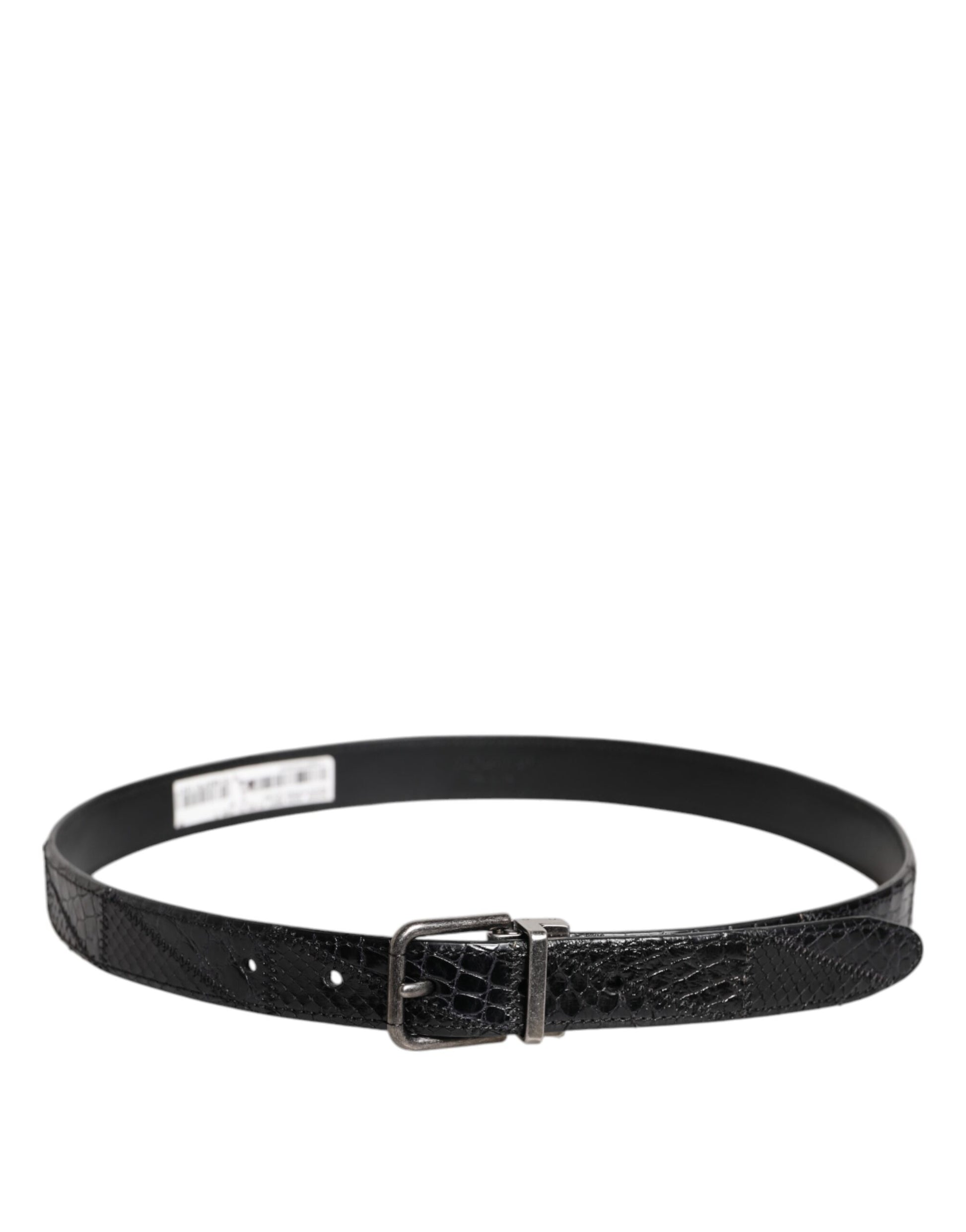 Black Exotic Leather Metal Logo Buckle Belt