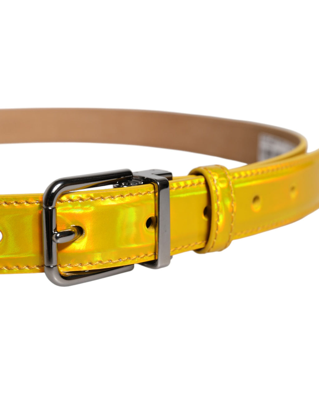 Metallic Yellow Leather Metal Logo Buckle Belt