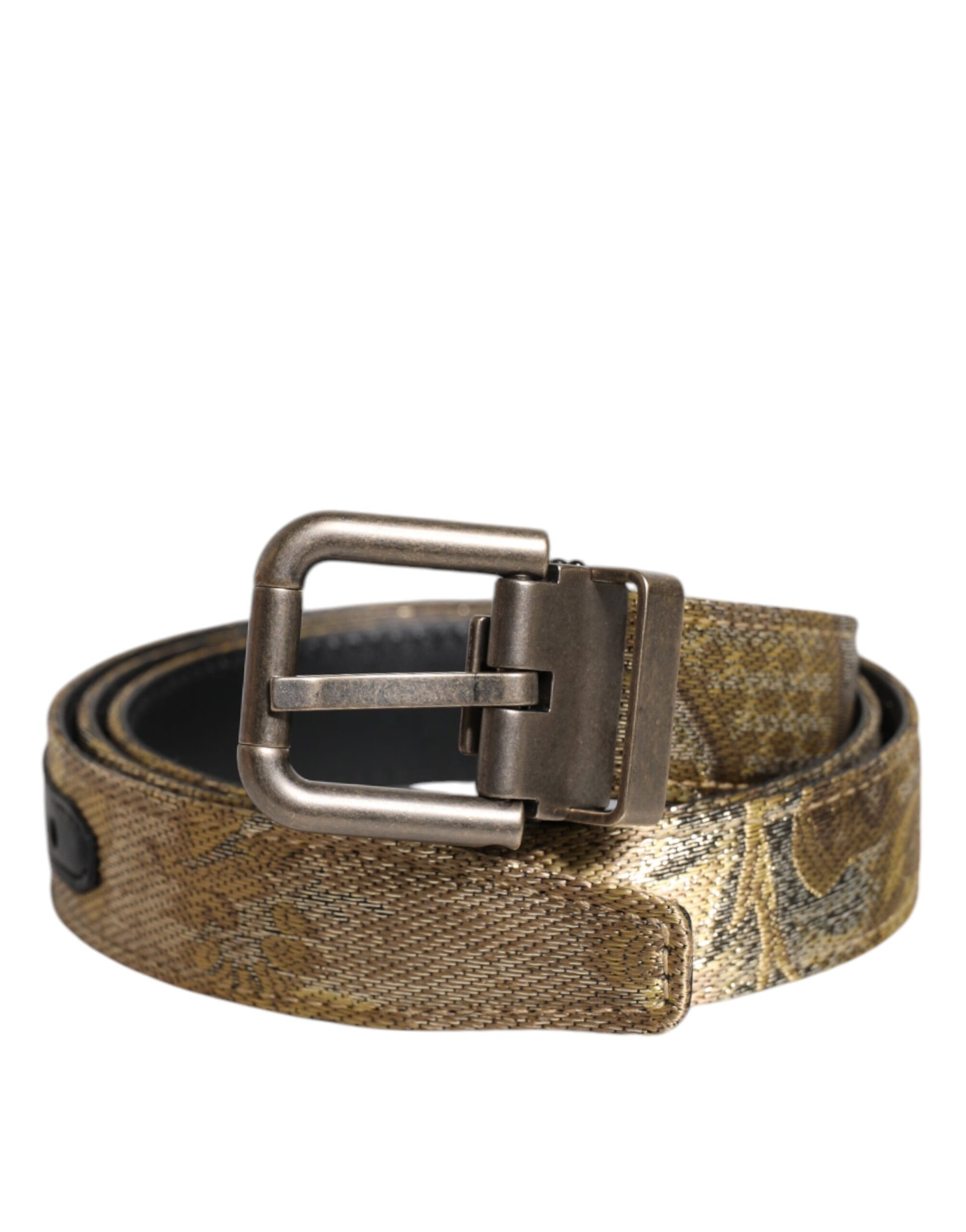 Gold Leather Jacquard Silver Metal Buckle Belt