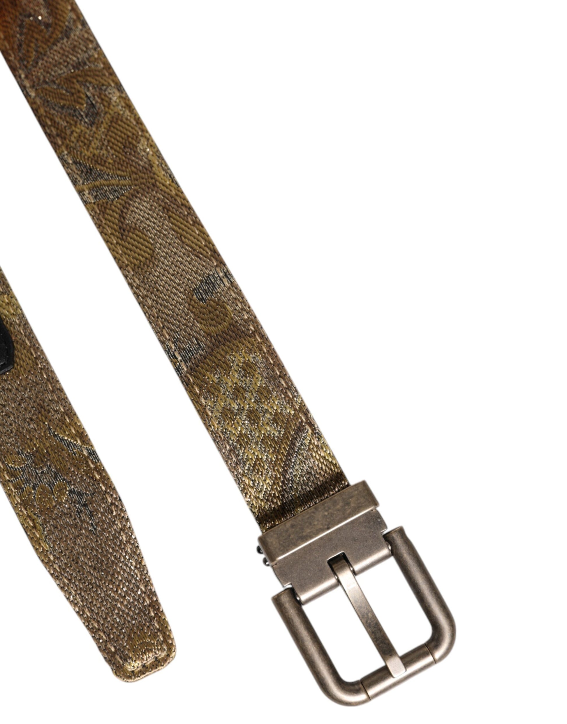 Gold Leather Jacquard Silver Metal Buckle Belt
