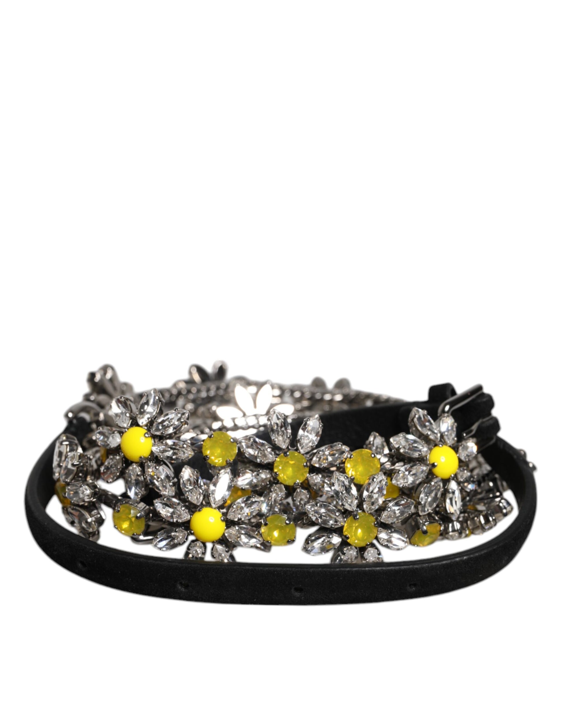 Black Leather Daisy Crystal Embellish Waist Belt