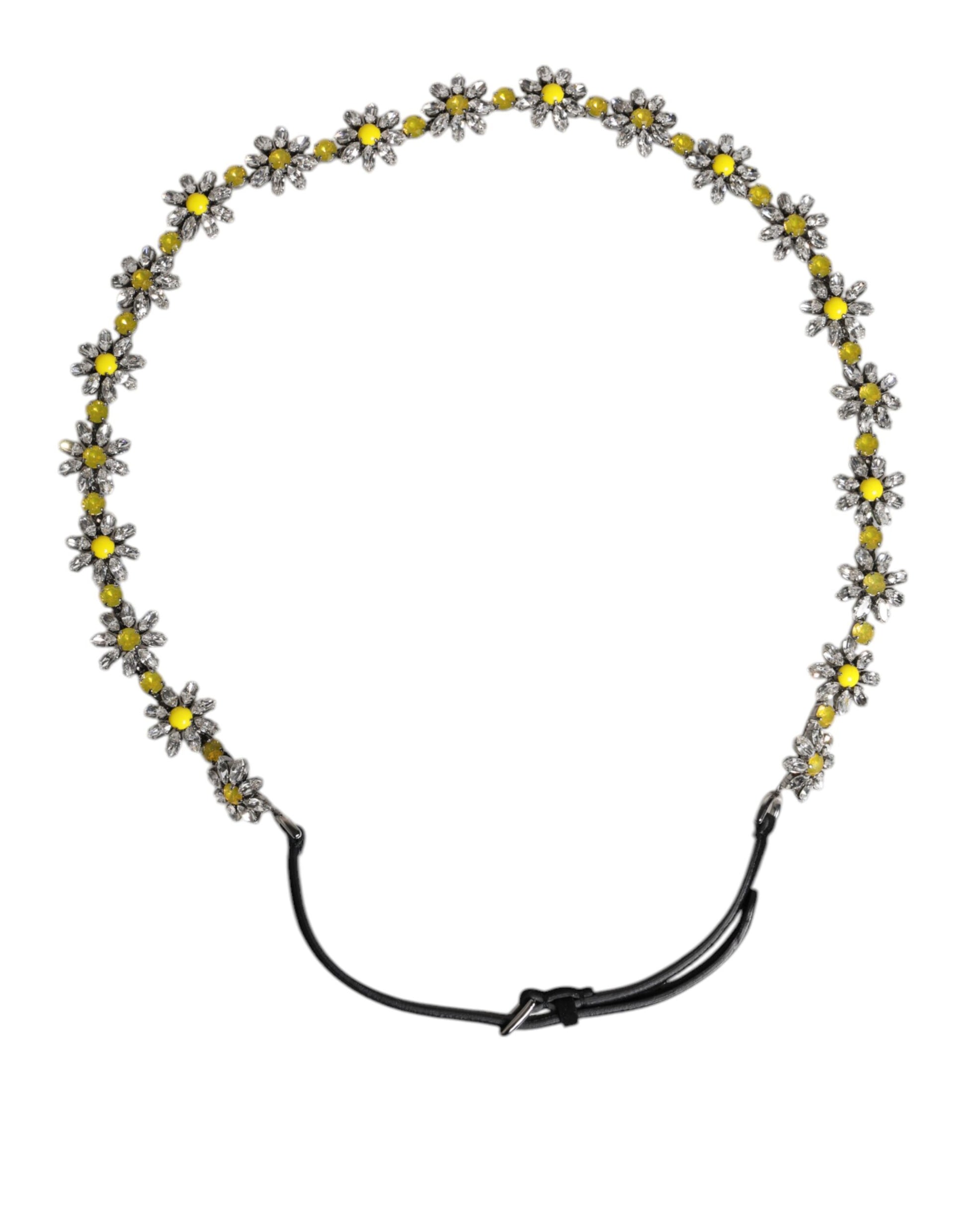 Black Leather Daisy Crystal Embellish Waist Belt