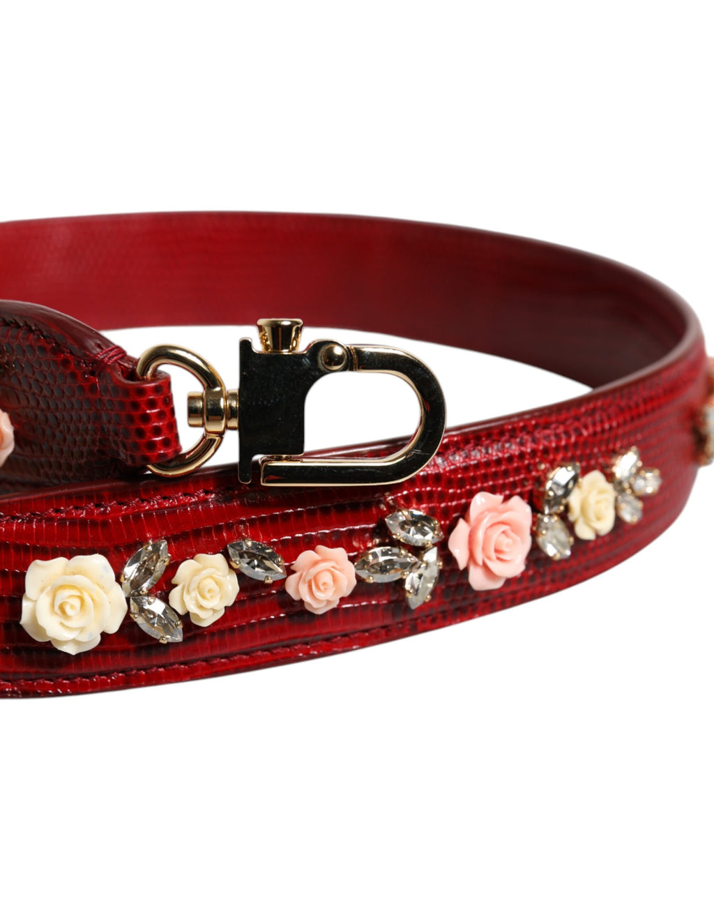 Red Leather Floral Embellish Bag Shoulder Strap