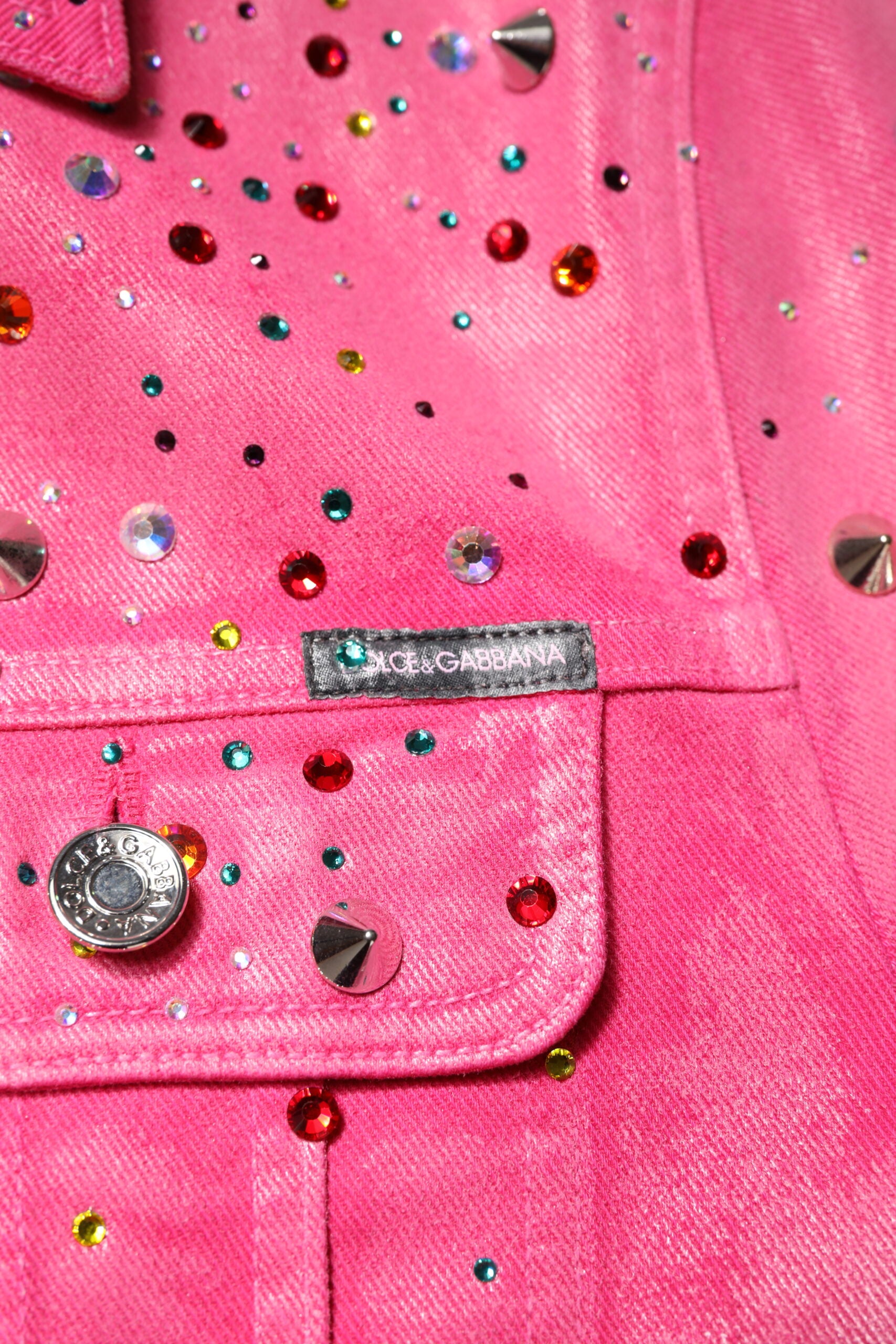 Pink Crystal Embellished Cotton Denim Jacket