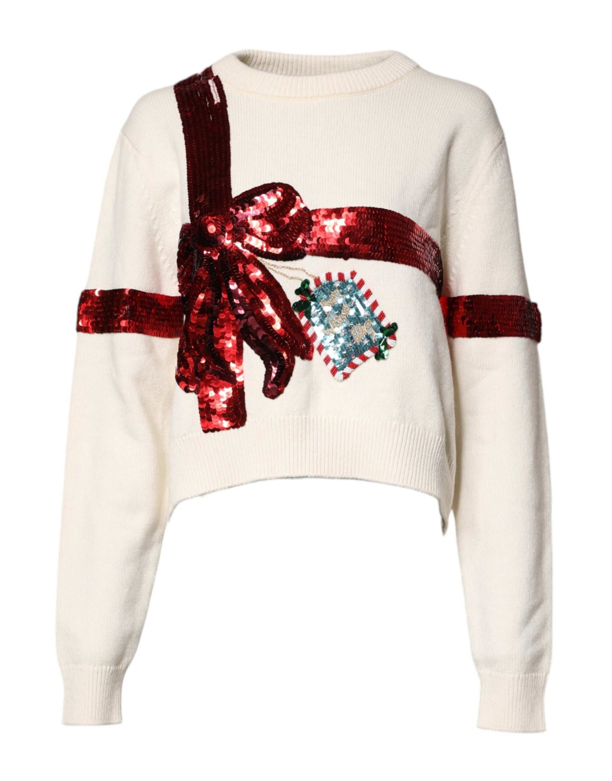 White Sequined Crew Neck Pullover Sweater