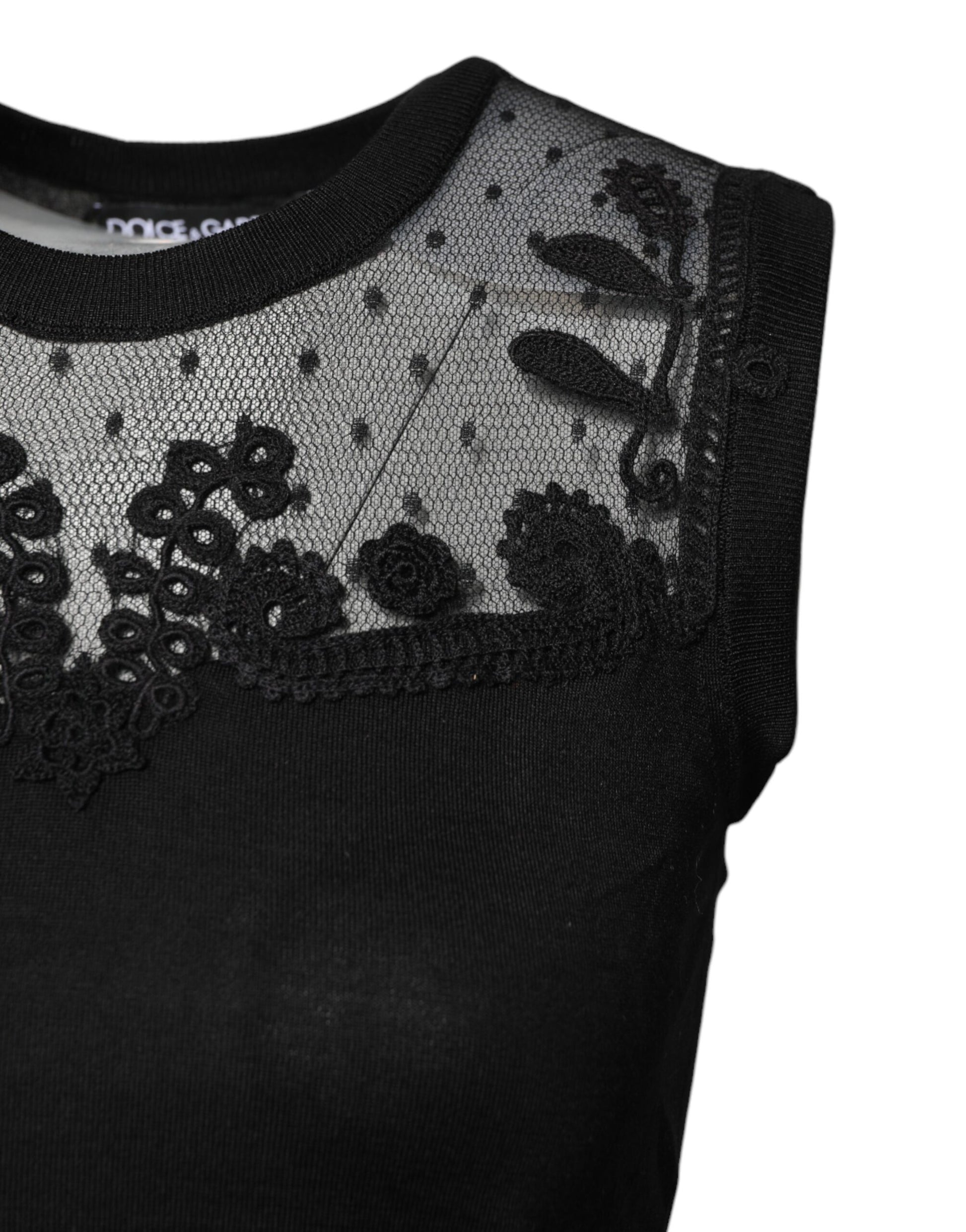 Black Lace Sheer Crew Neck Sleeveless Top