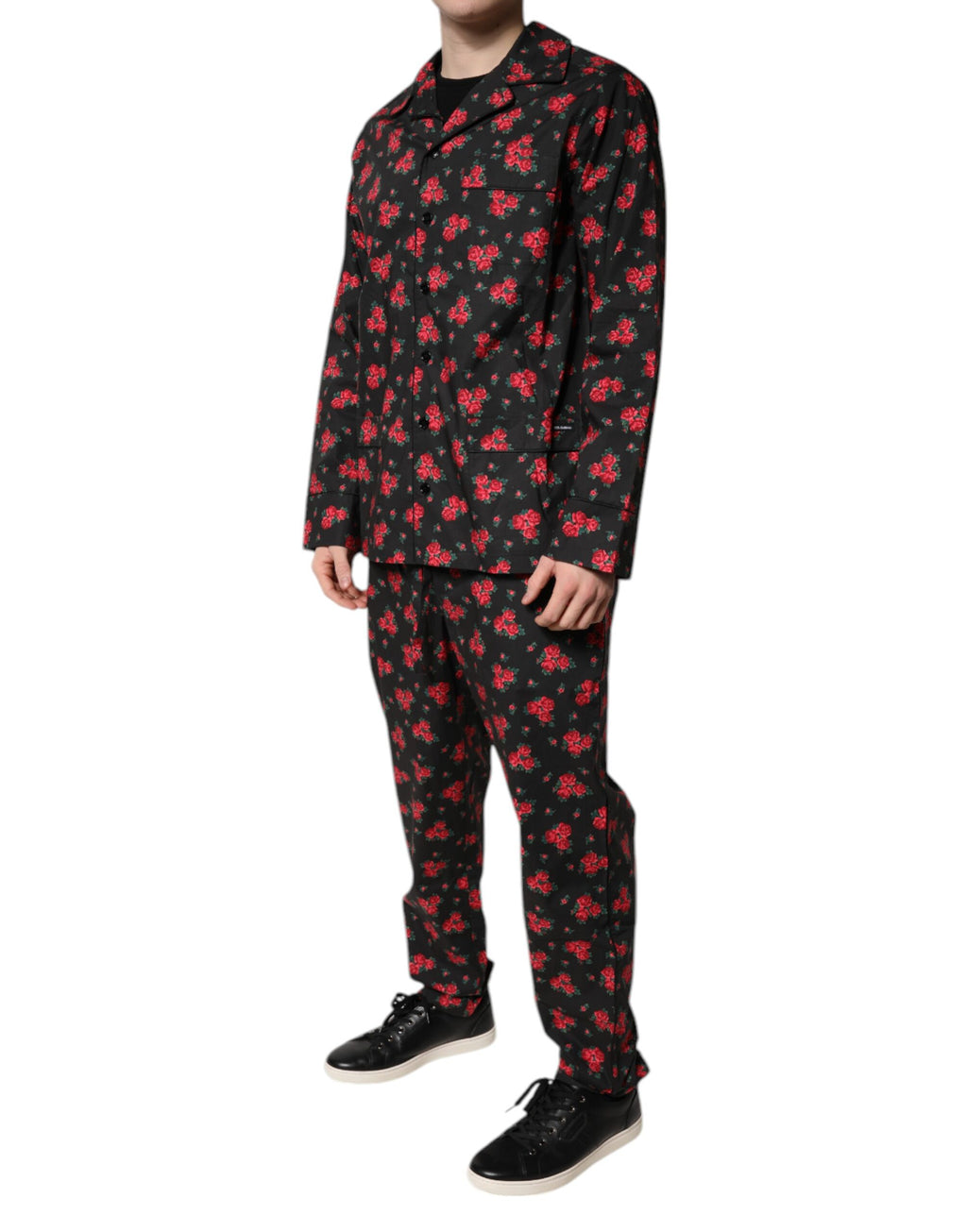 Black Floral Print Cotton Men Pajama Set Sleepwear