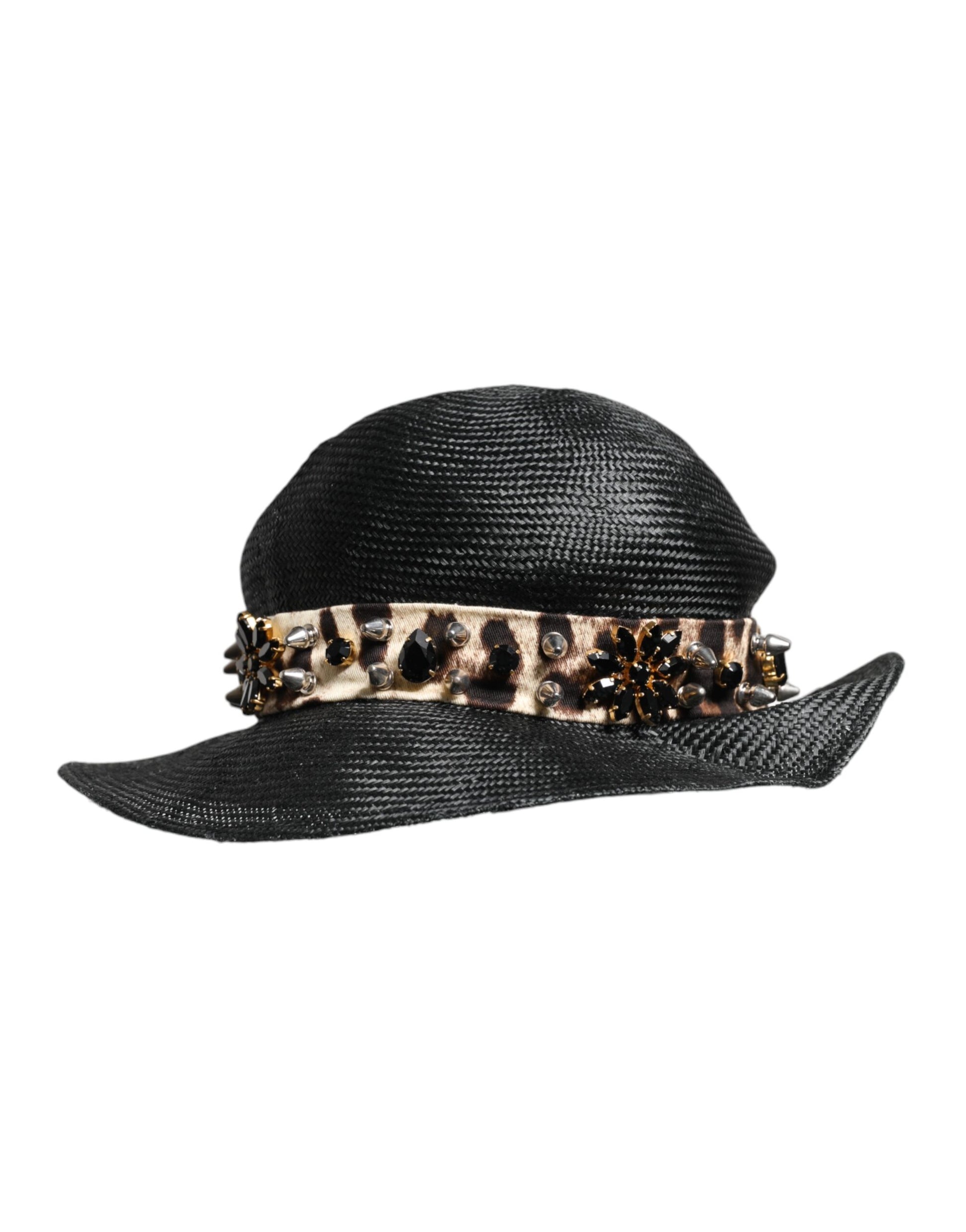 Black Straw Crystal Embellished Wide Brim Hat