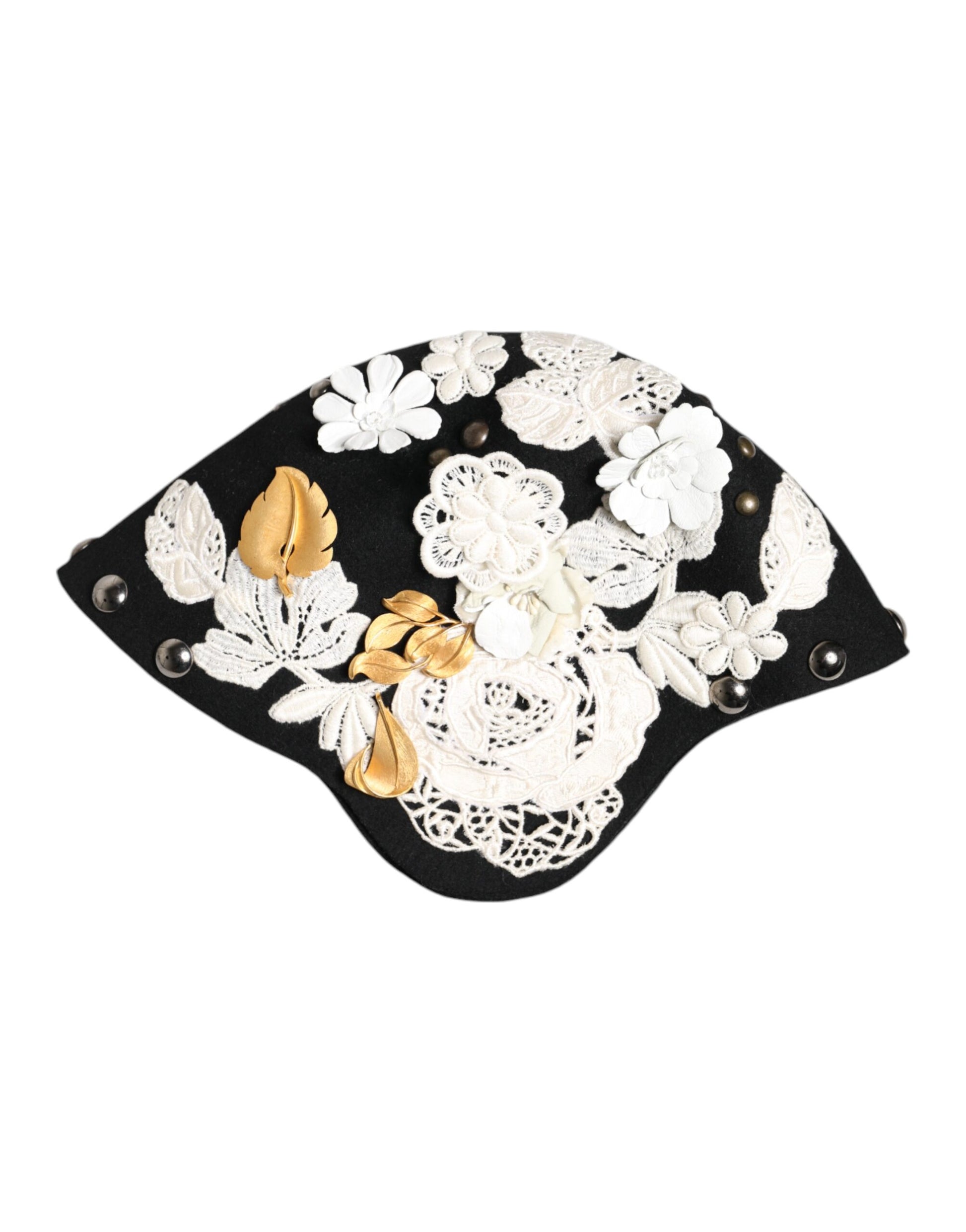 Black Wool White Floral Gold Leaf Cloche Hat