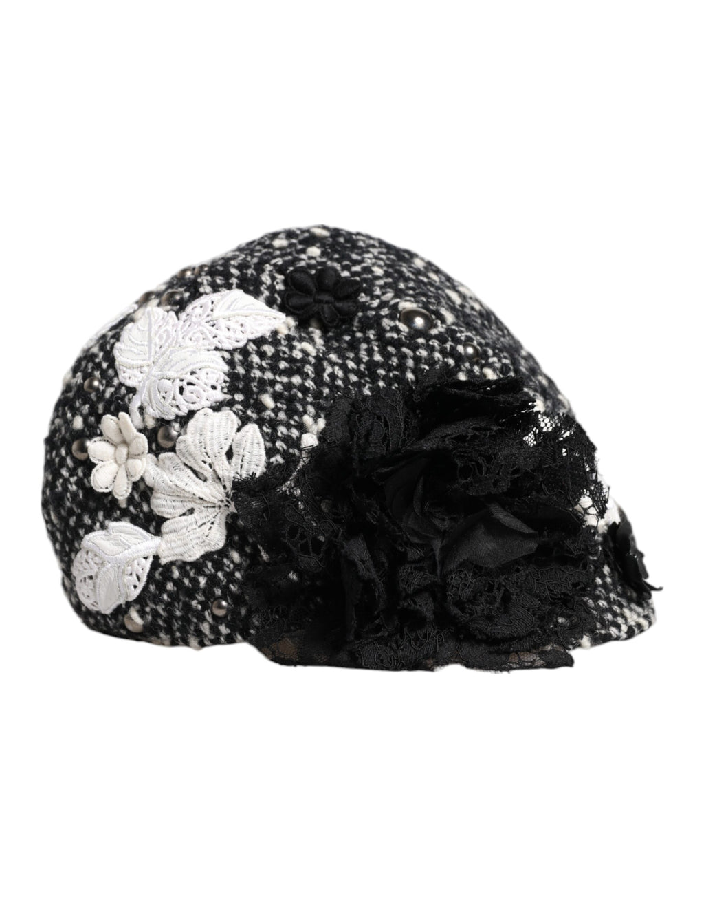 Black Wool White Floral Embellished Cloche Hat