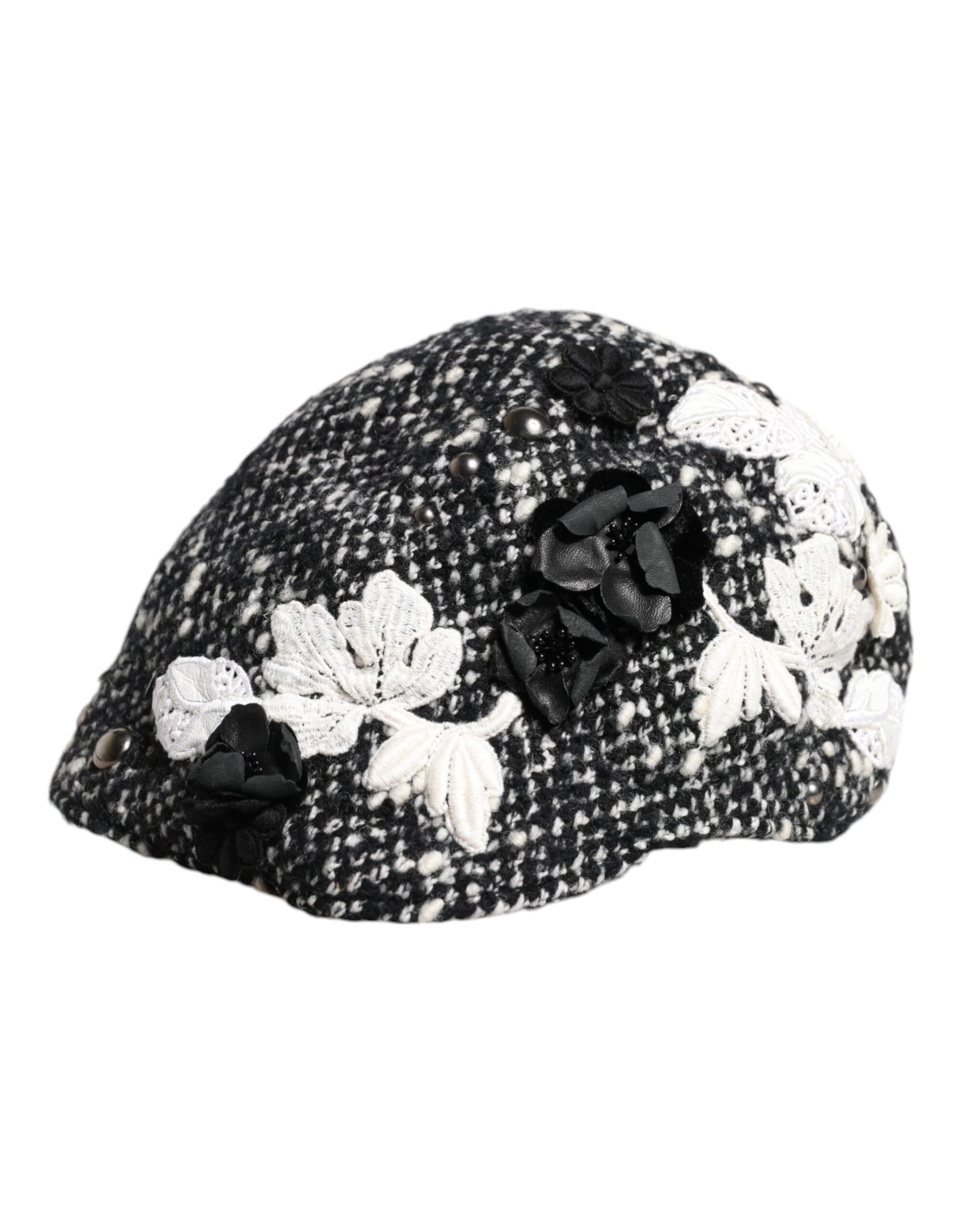 Black Wool White Floral Embellished Cloche Hat