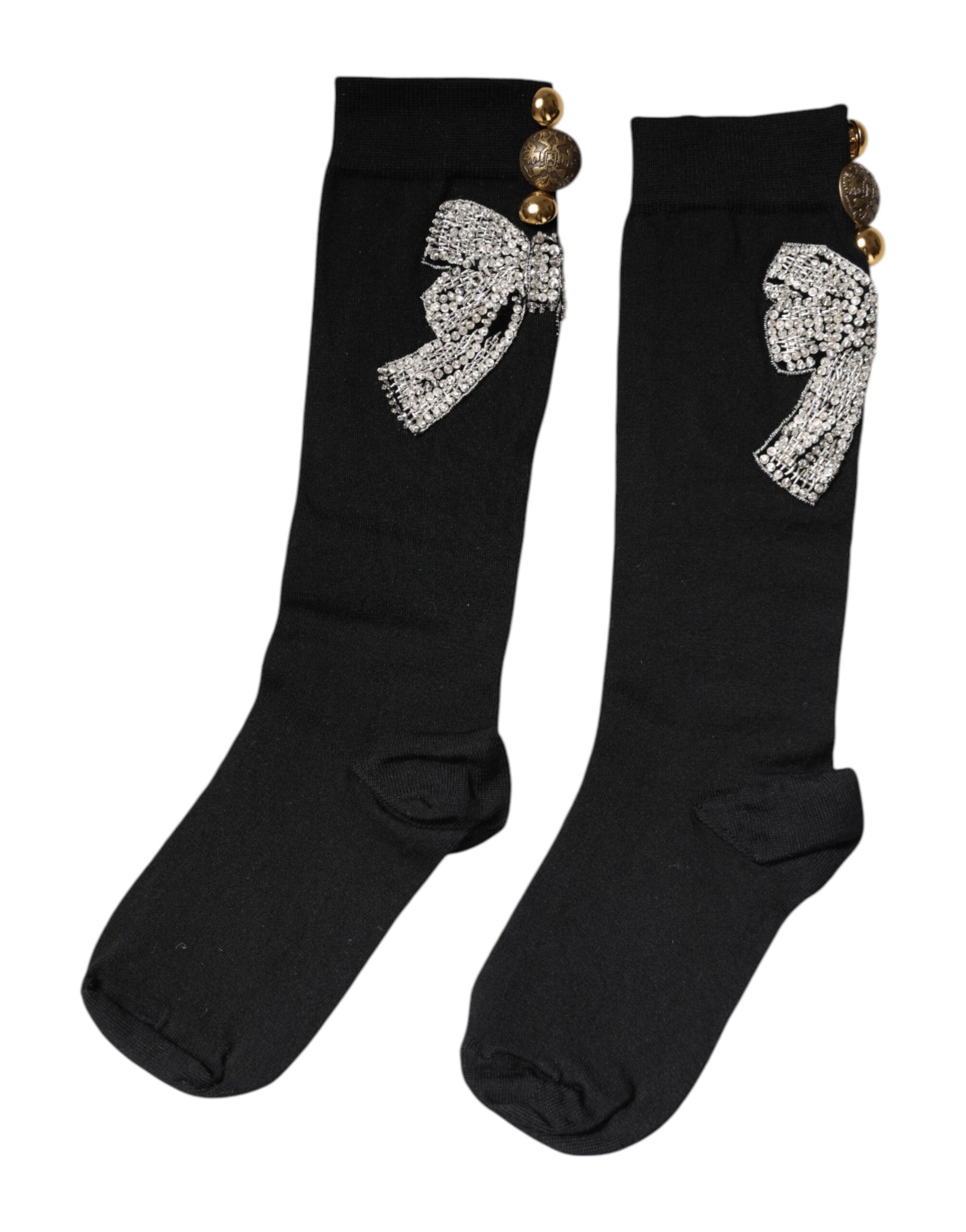 Black Knit Floral Crystal Embellishment Socks
