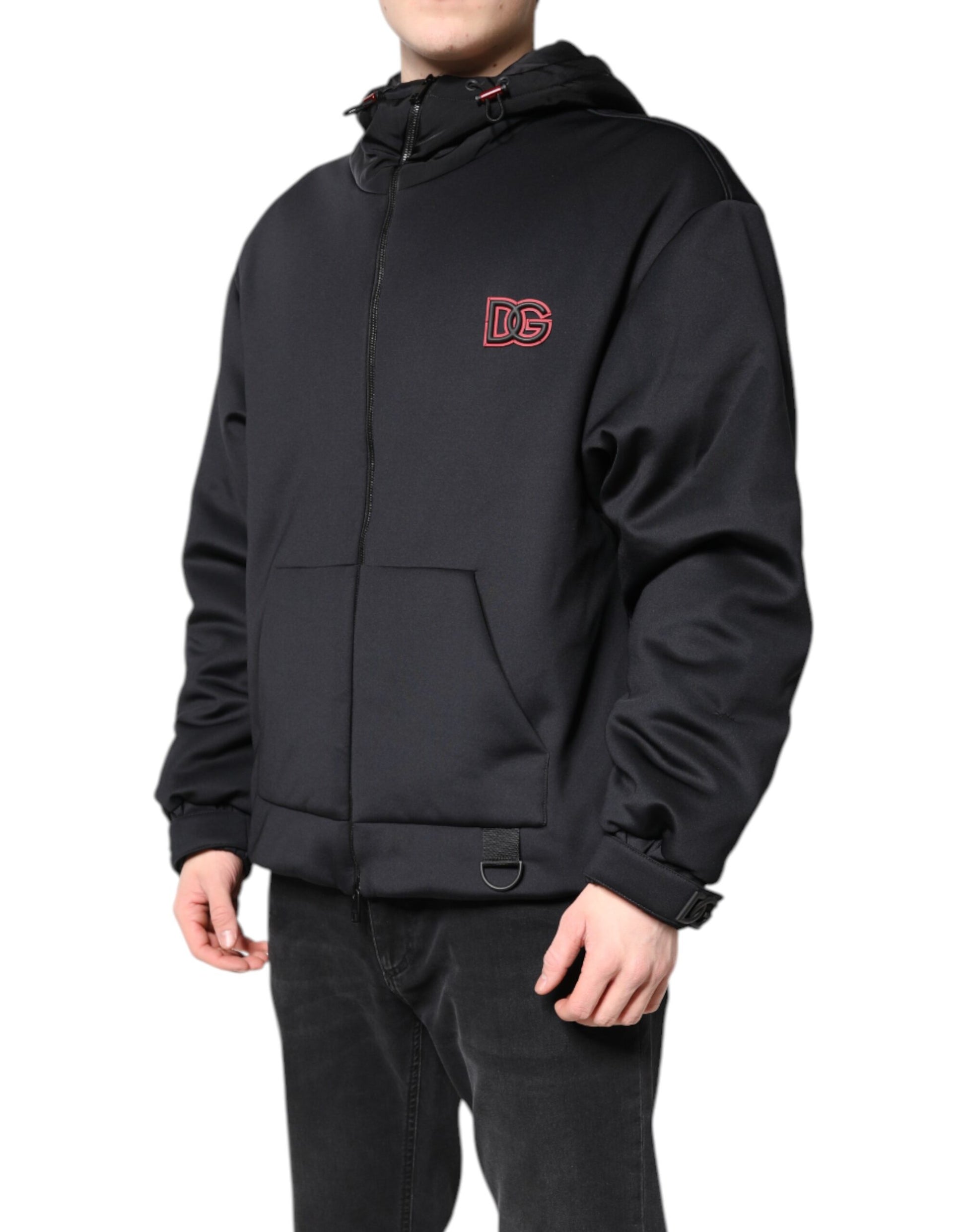 Black Polyester DG Hooded Full Zip Jacket