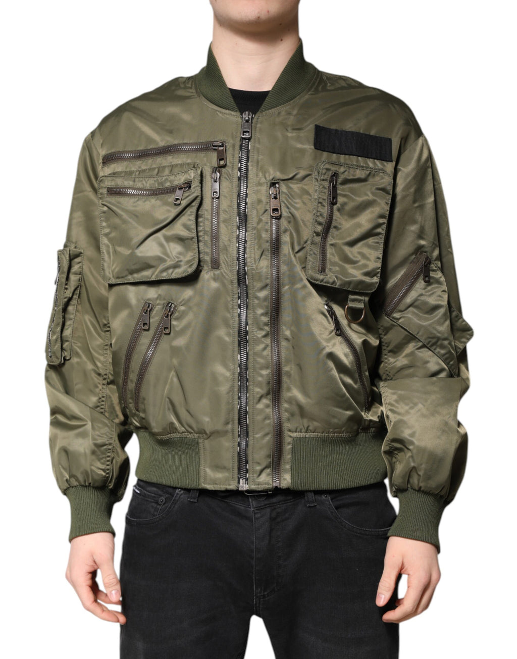 Green Nylon Full Zip Men Bomber Jacket