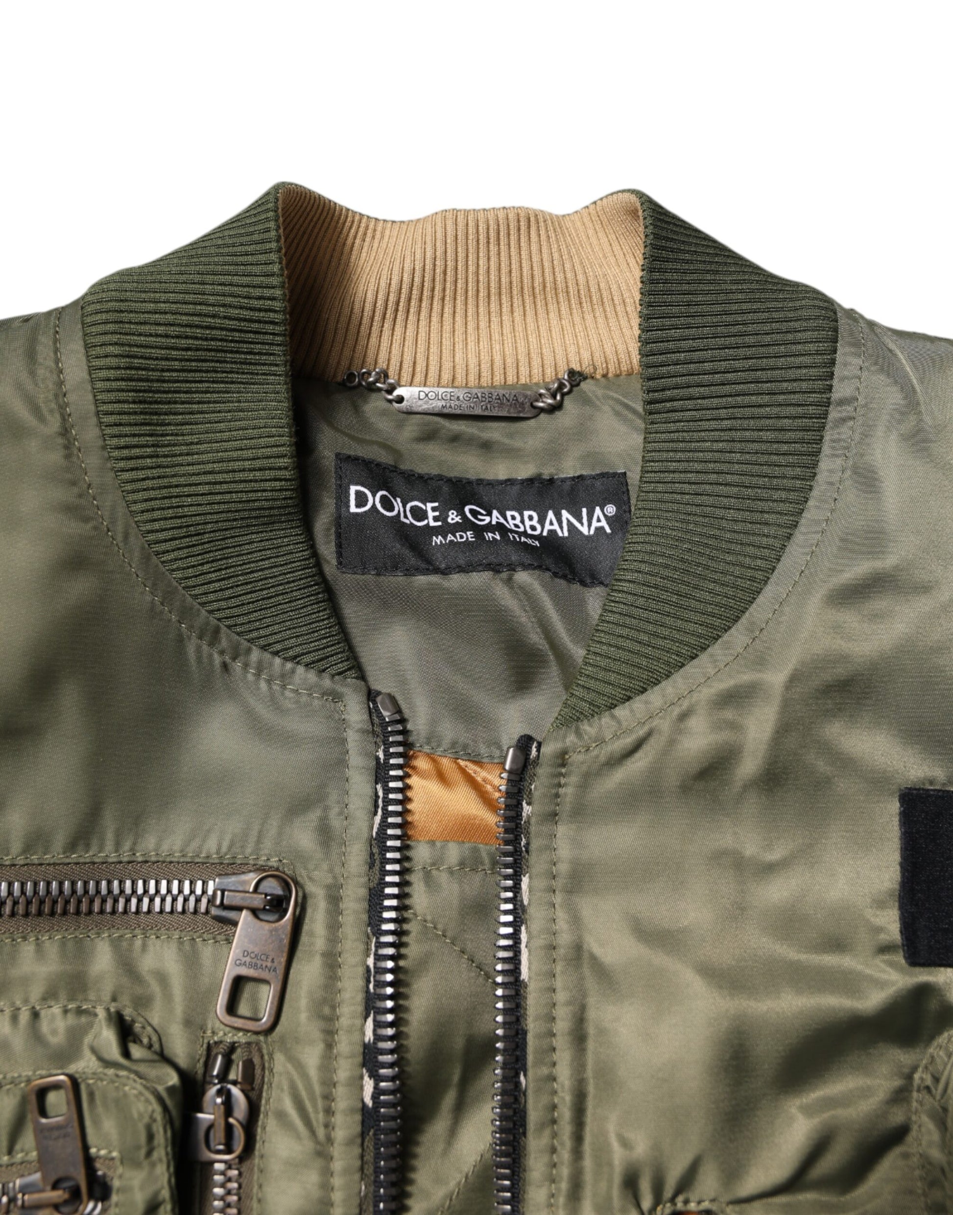 Green Nylon Full Zip Men Bomber Jacket