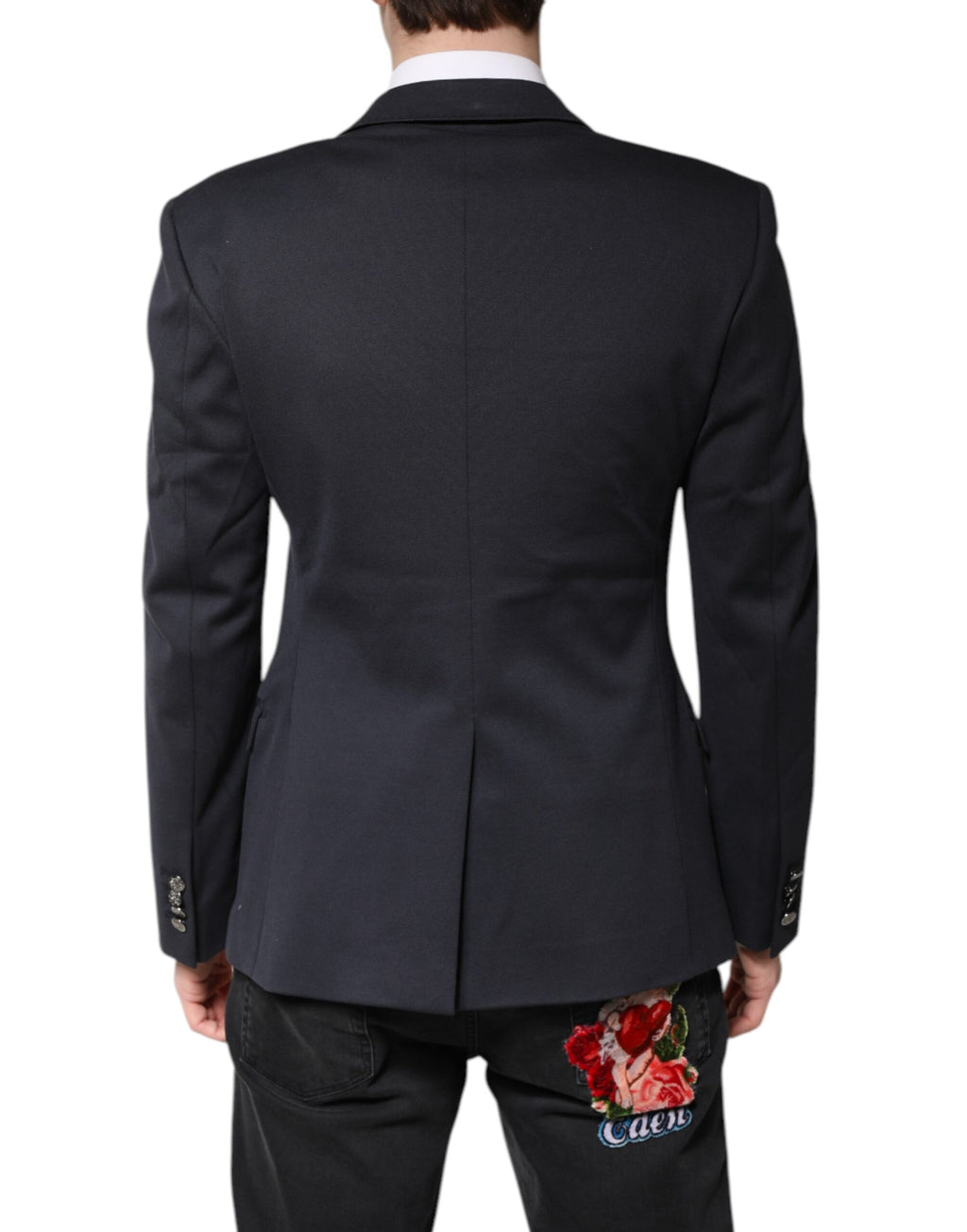 Dark Blue Cotton Men Jacket Coat Suit Blazer