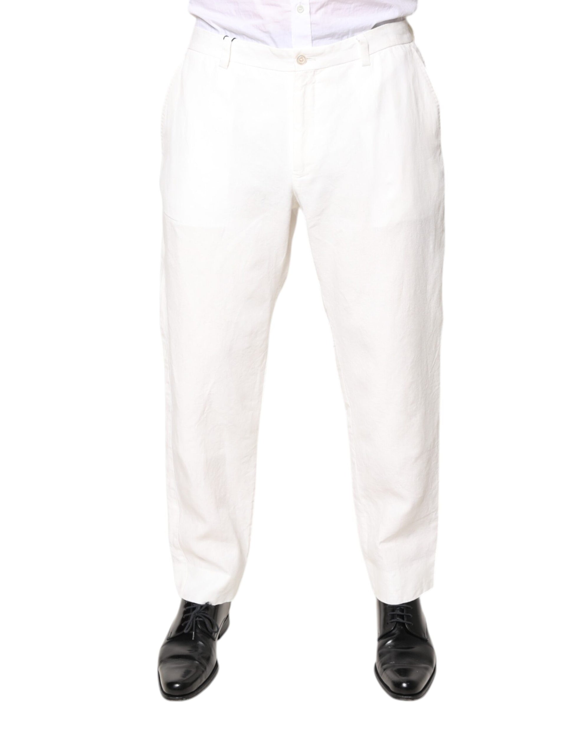 White Linen Mid Waist Men Dress Pants