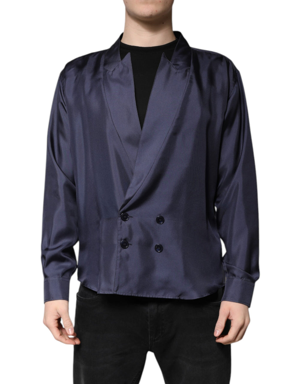 Dark Blue Silk Double Breasted Shirt