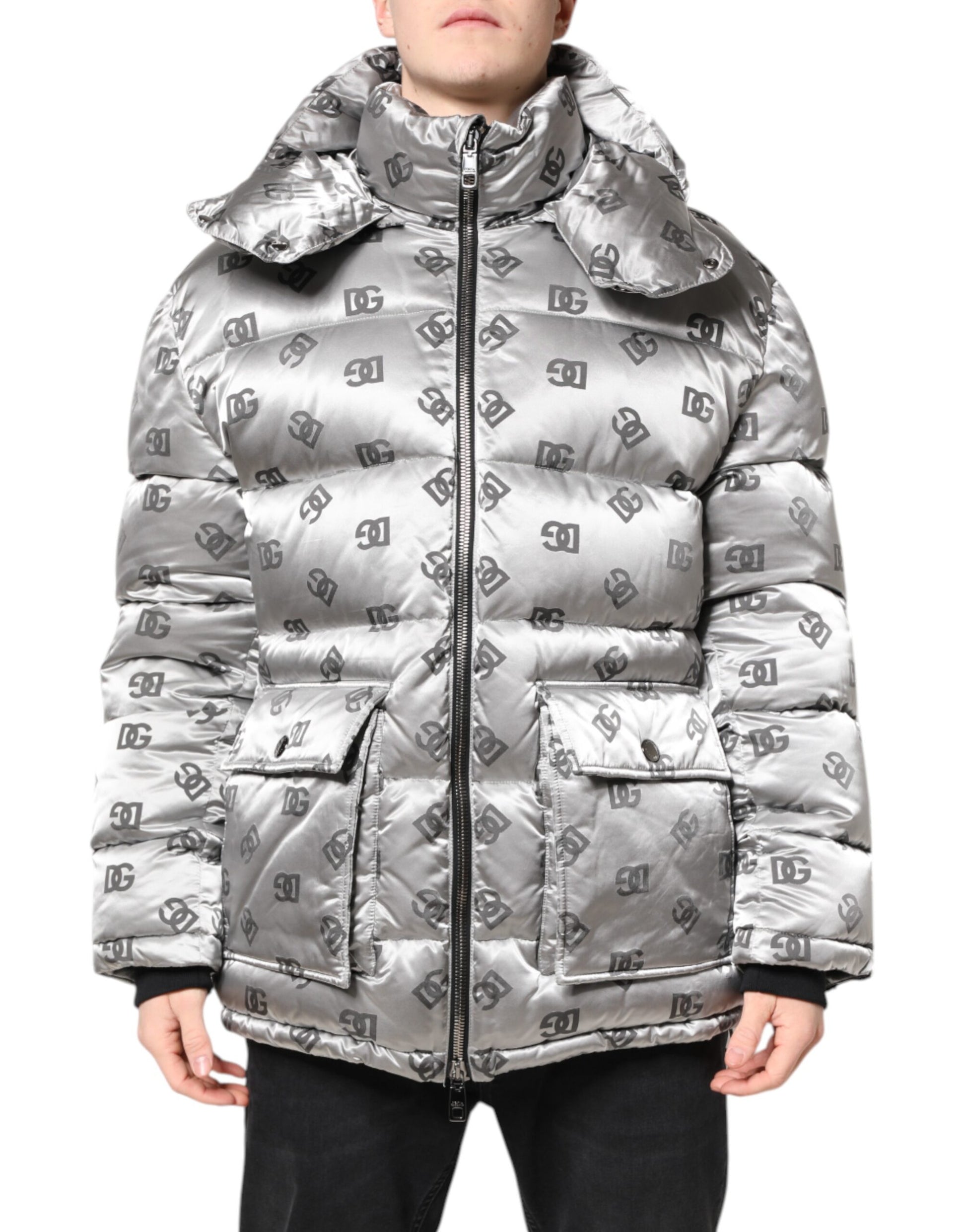 Silver Logo Full Zip Hooded Quilted Jacket