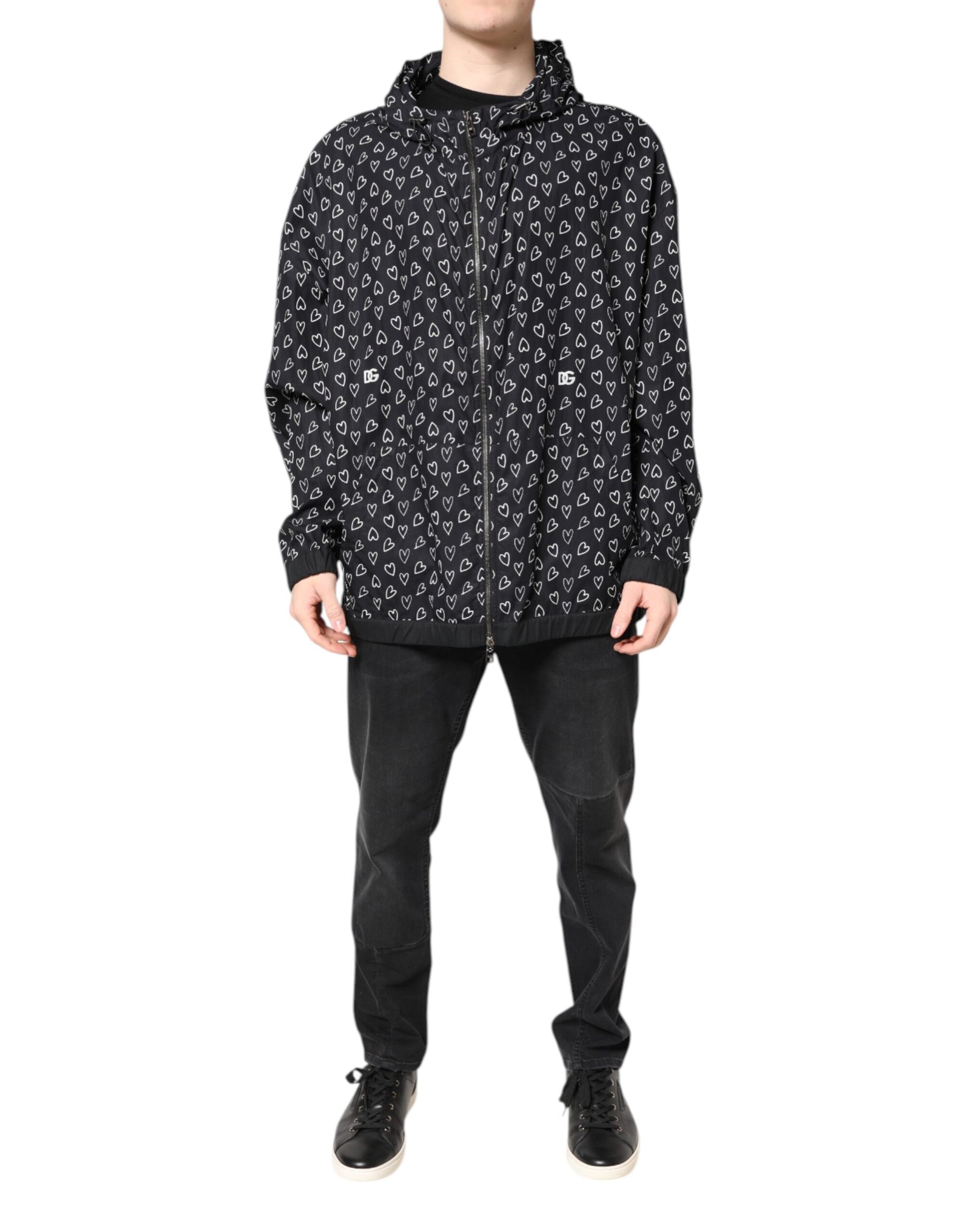 Black Heart Print Hooded Windbreaker Jacket