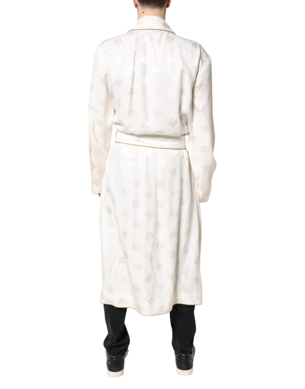 Ivory Silk Logo Men Wrap Robe Coat Jacket